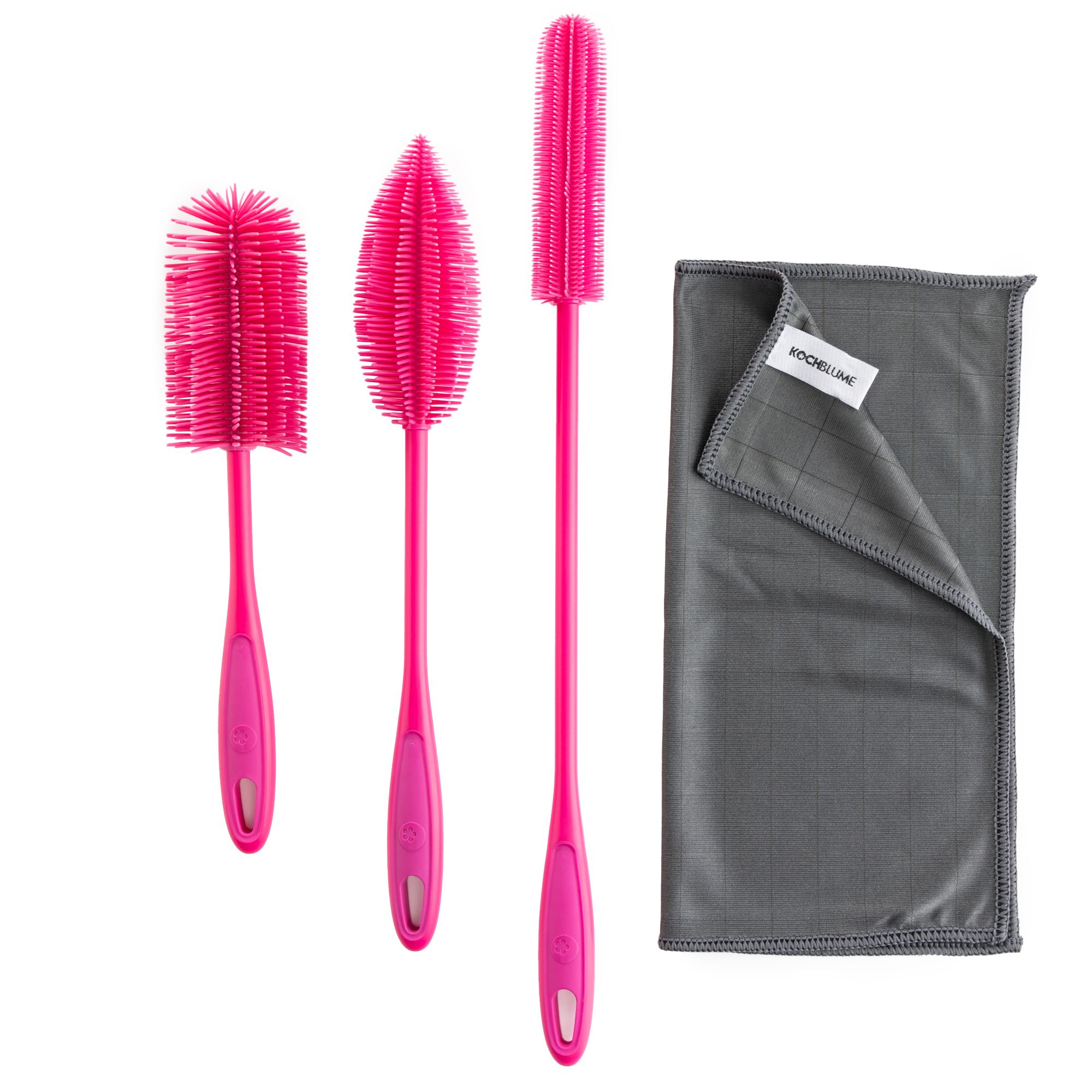 KOCHBLUME® 3 Flaschen- & Spülbürsten inkl. Poliertuch 30x30cm