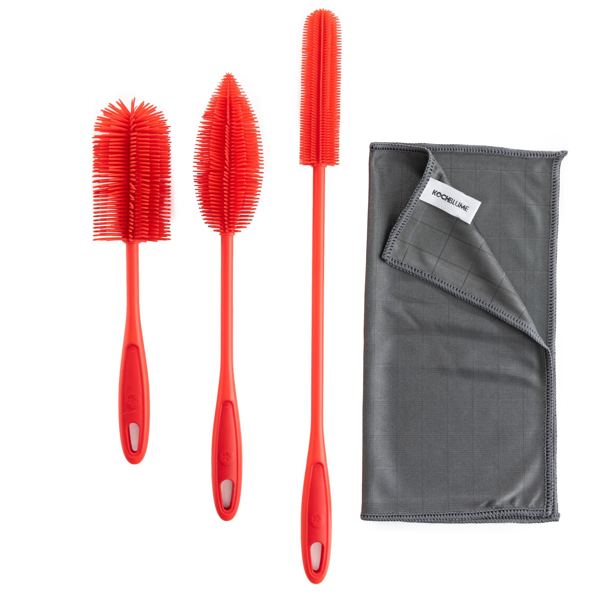 KOCHBLUME® 3 Flaschen- & Spülbürsten inkl. Poliertuch 30x30cm