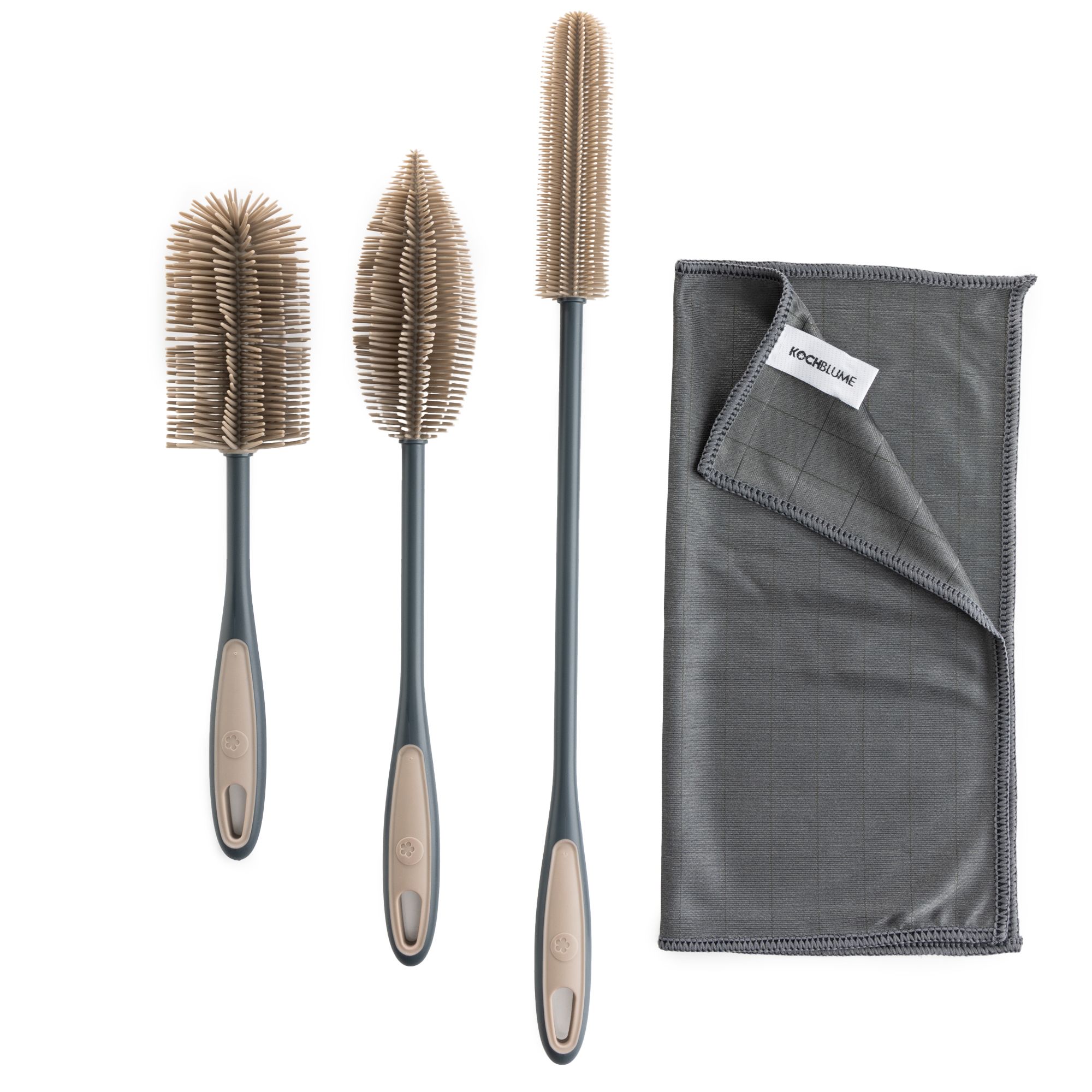 KOCHBLUME® 3 Flaschen- & Spülbürsten inkl. Poliertuch 30x30cm