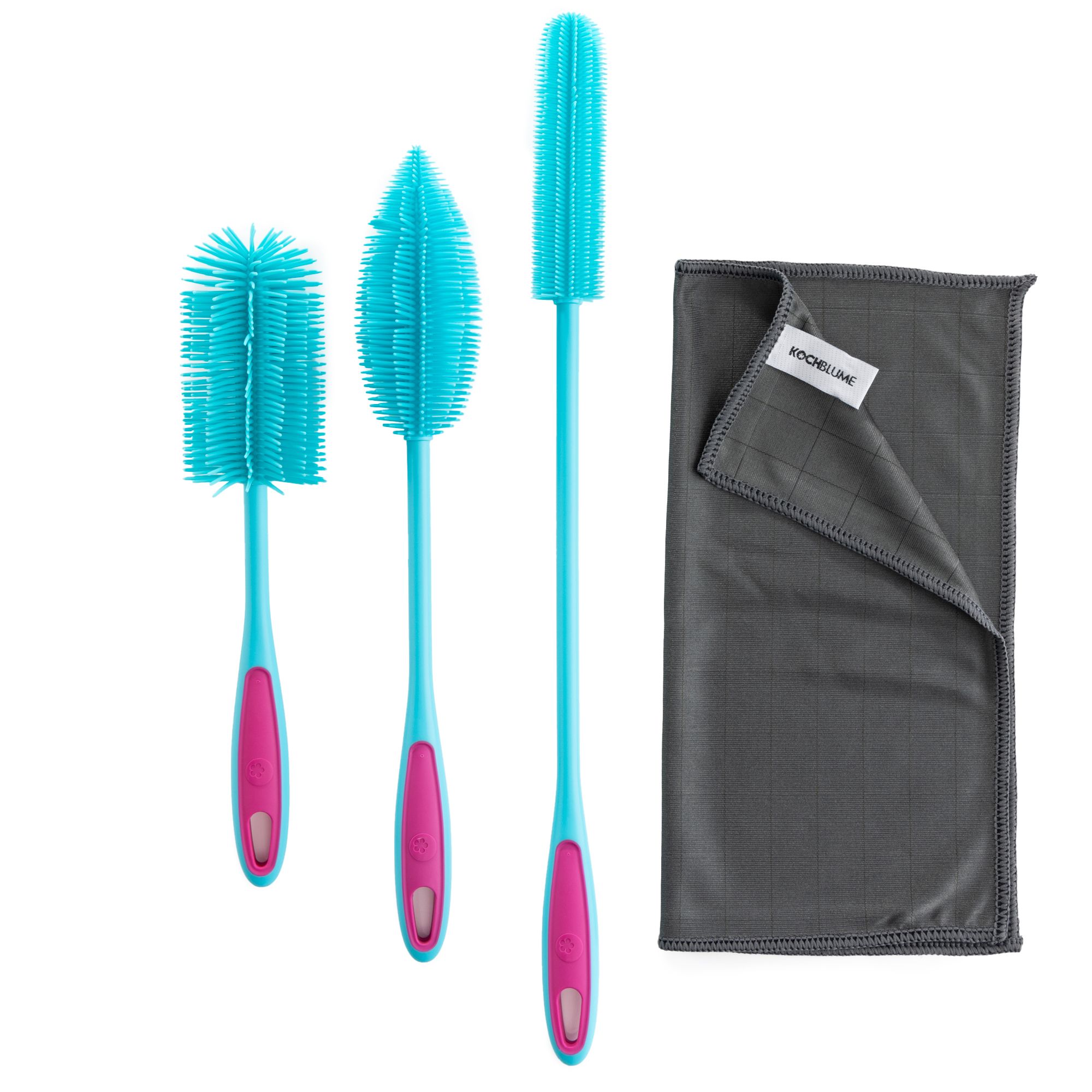 KOCHBLUME® 3 Flaschen- & Spülbürsten inkl. Poliertuch 30x30cm