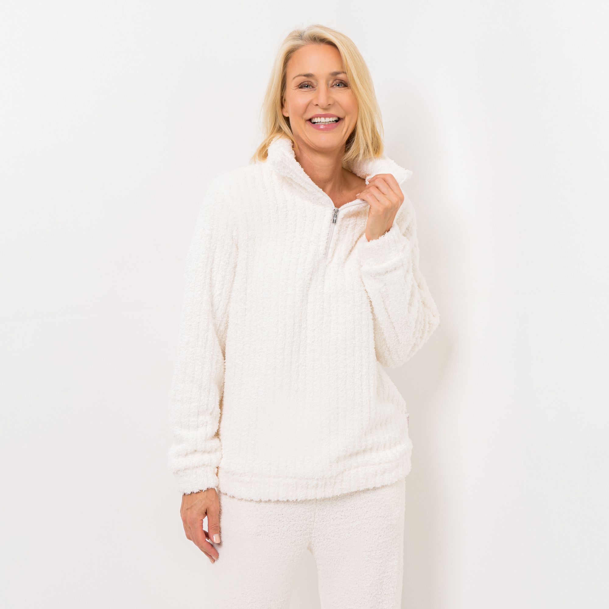 COZEE HOME Homewear Damen-Troyer Streifenstruktur MF Sherpa Bouclé Stehkragen