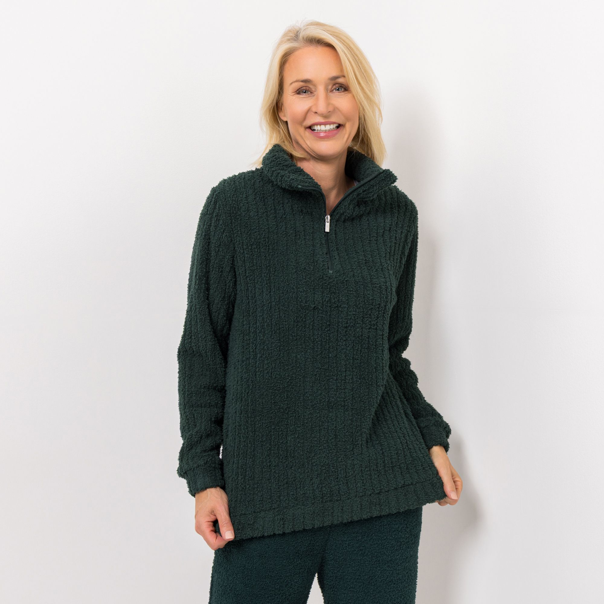 COZEE HOME Homewear Damen-Troyer Streifenstruktur MF Sherpa Bouclé Stehkragen