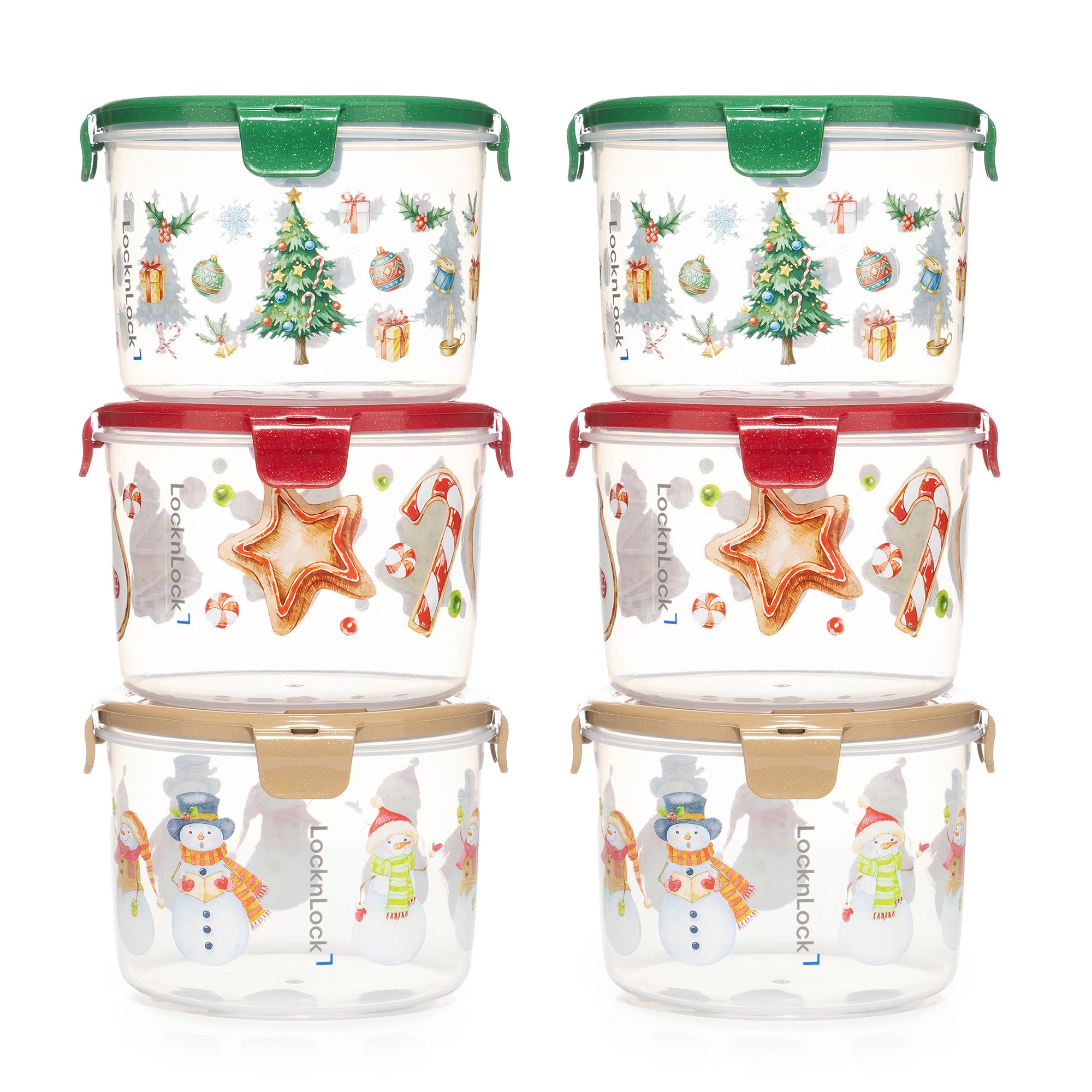 LocknLock 6 Frischhaltedosen rund mit Weihnachtsmotiven je 1,3L Volumen