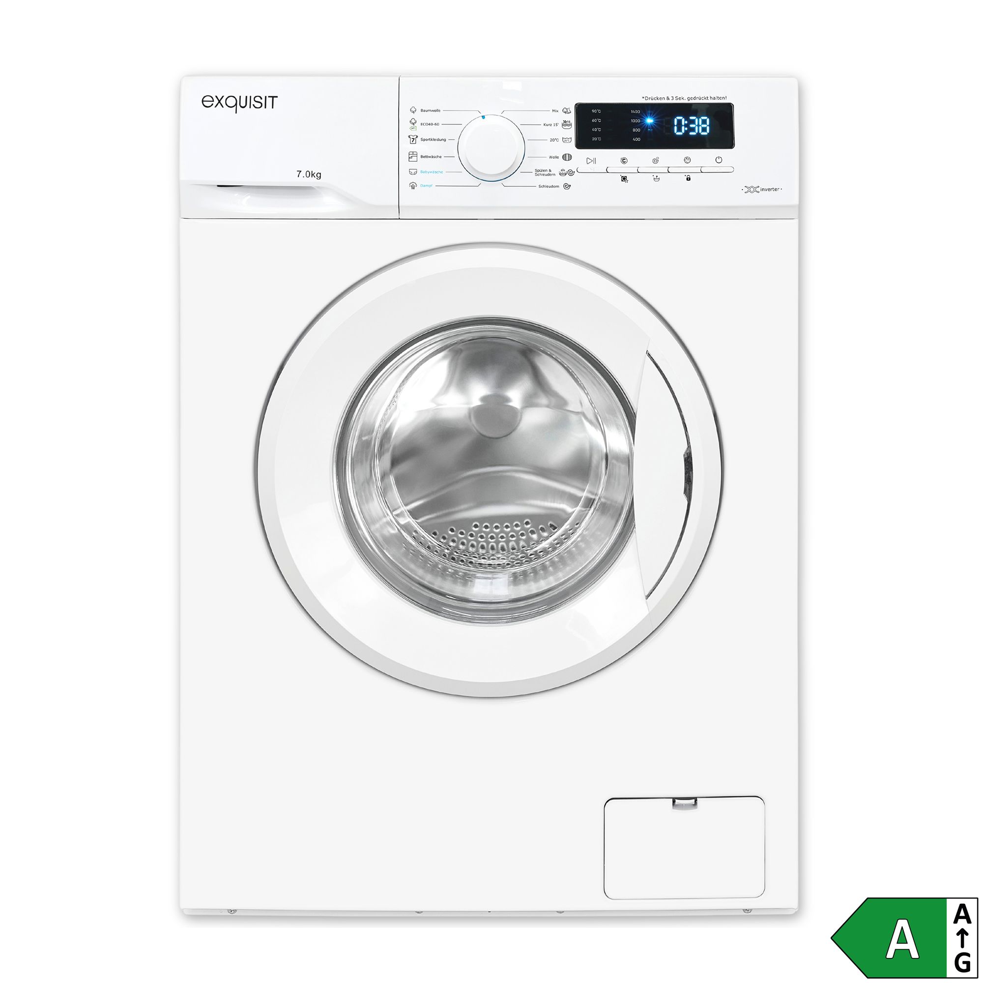 EXQUISIT Waschmaschine 7kg EEK A, digitale Restlaufanzeige Aqua Stop, Energieeffizienzklasse A