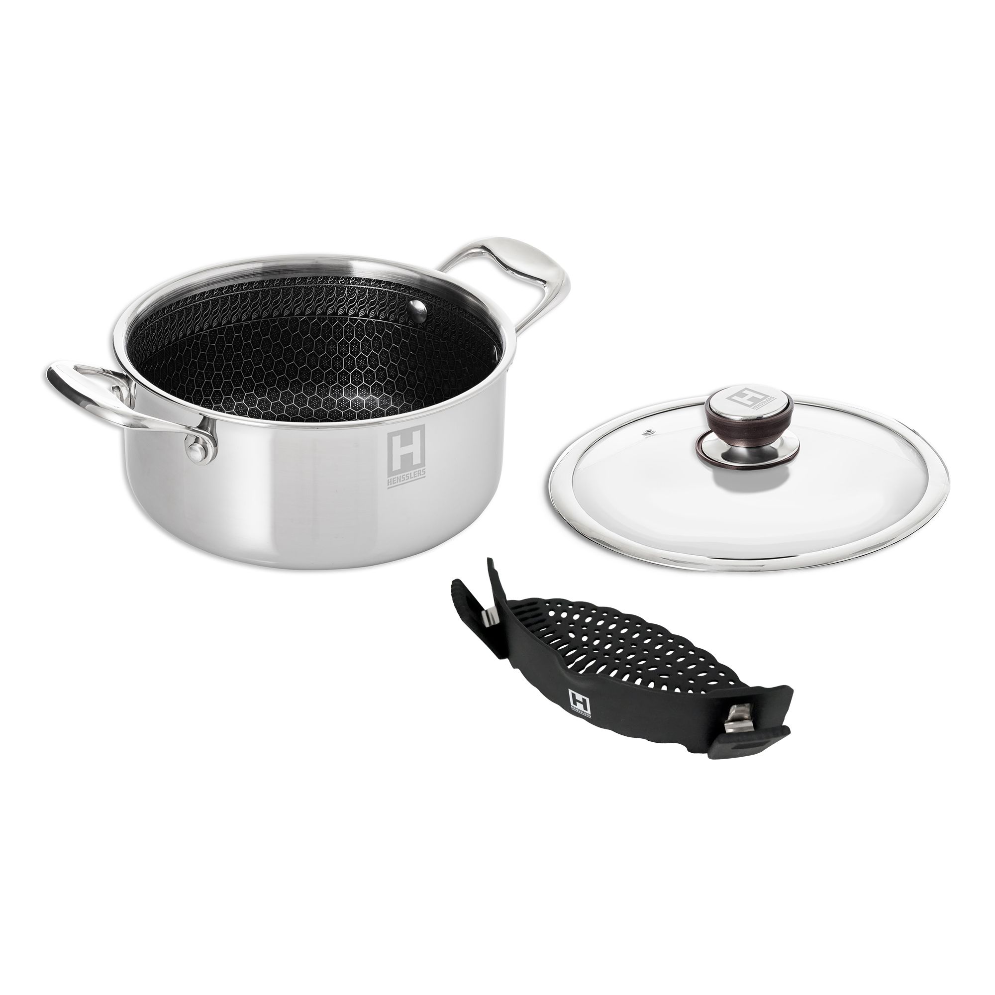 HENSSLERS Edelstahl-Topf inkl. Abgießhilfe und Glasdeckel 5,0L
