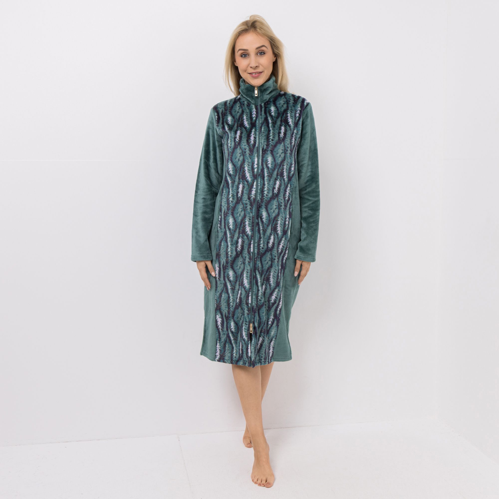 MONT CHALET Damen-Hauskleid Animaldrucke Mikrofaser Chinchilla Stehkragen