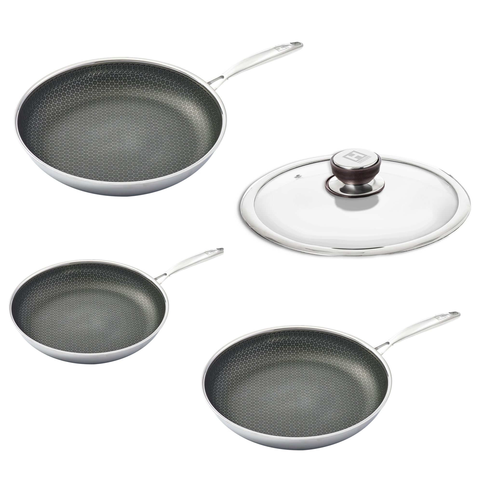  HENSSLERS Edelstahl Pfannen-Set Deluxe 4tlg. ∅20, 24 & 28 cm inkl. Glasdeckel