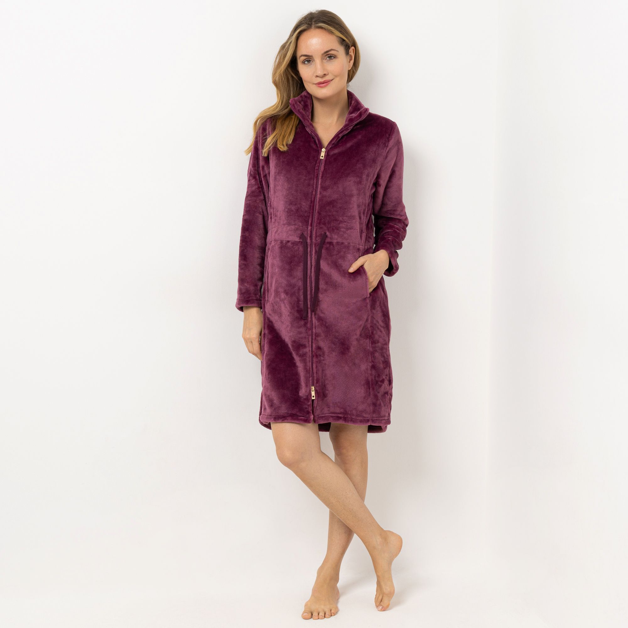 MONT CHALET Damen-Hauskleid uni Mikrofaser Chinchilla Taillen-Bindeband