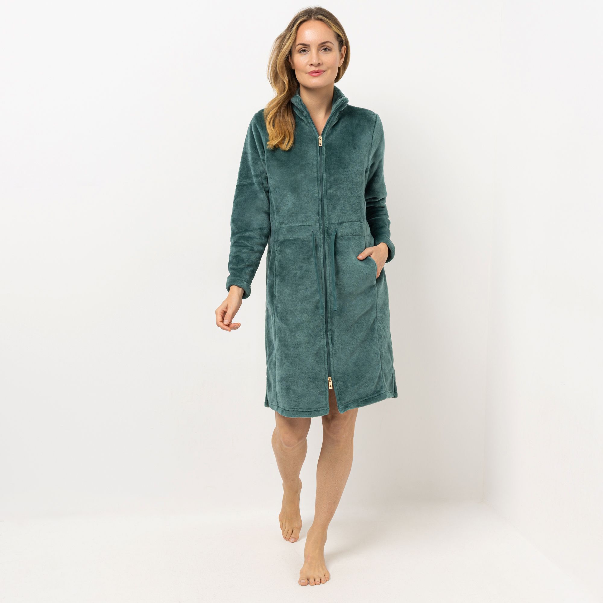 MONT CHALET Damen-Hauskleid uni Mikrofaser Chinchilla Taillen-Bindeband