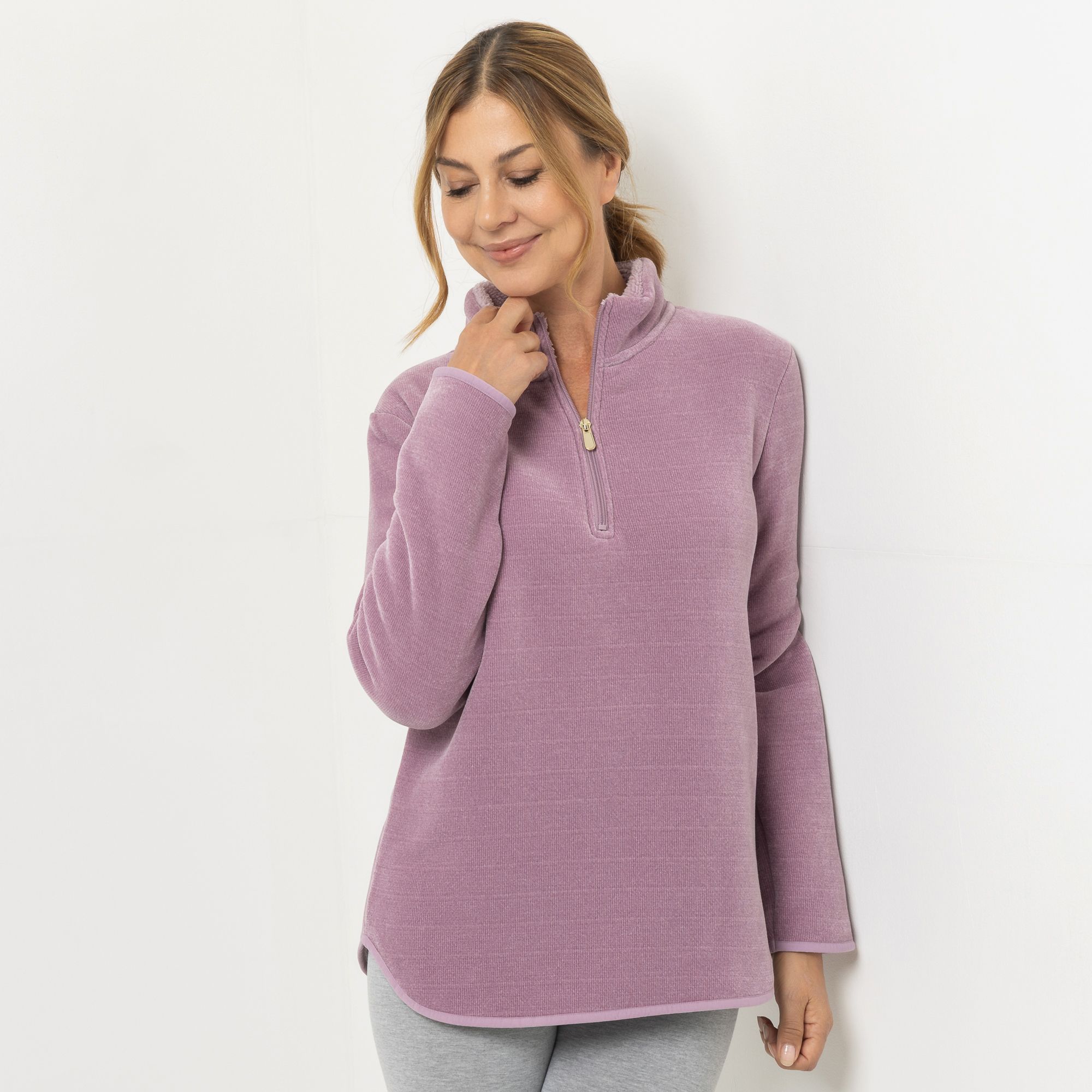 MONT CHALET Damen-Pullover uni Mikrofaser Edelplüsch Troyer-Ausschnitt