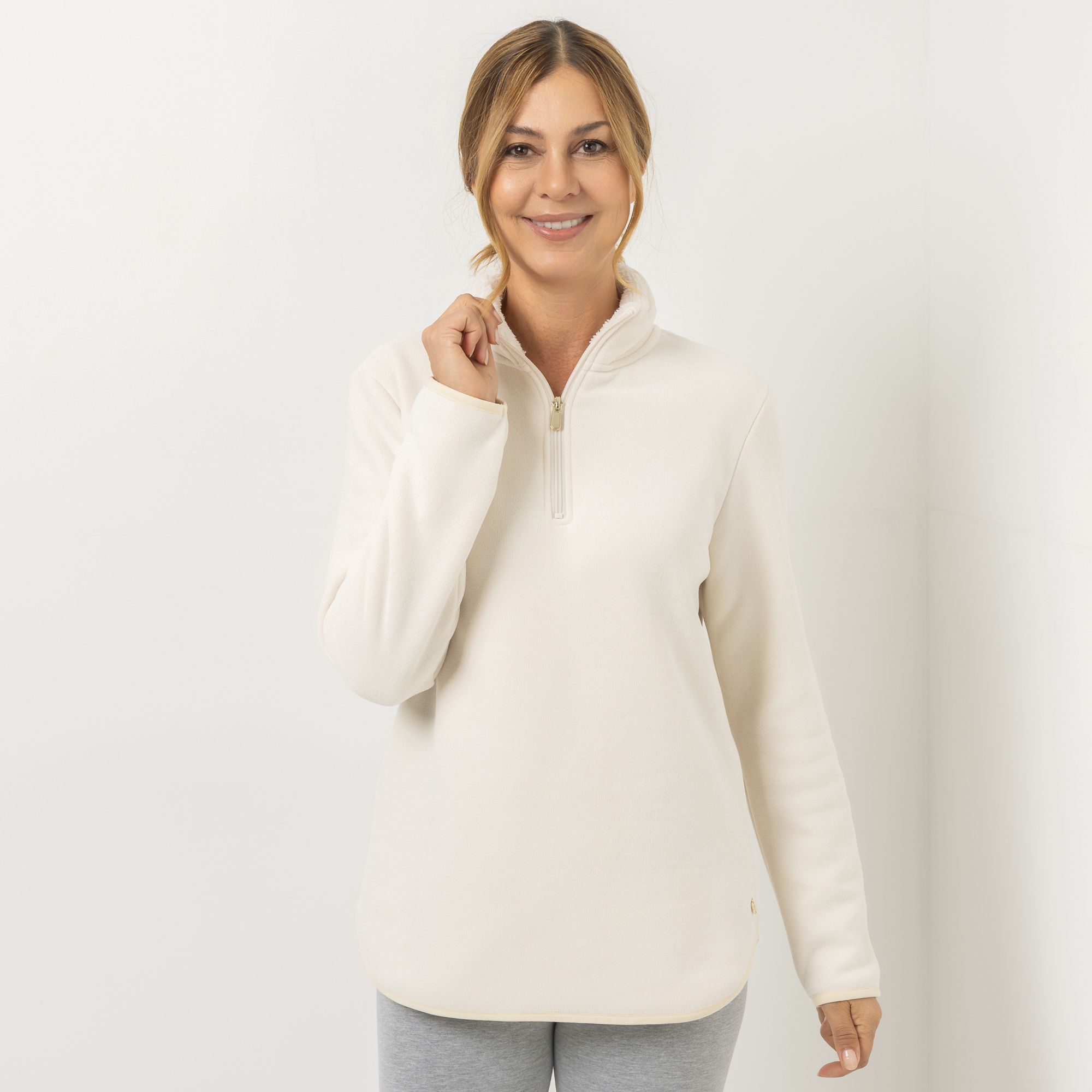 MONT CHALET Damen-Pullover uni Mikrofaser Edelplüsch Troyer-Ausschnitt