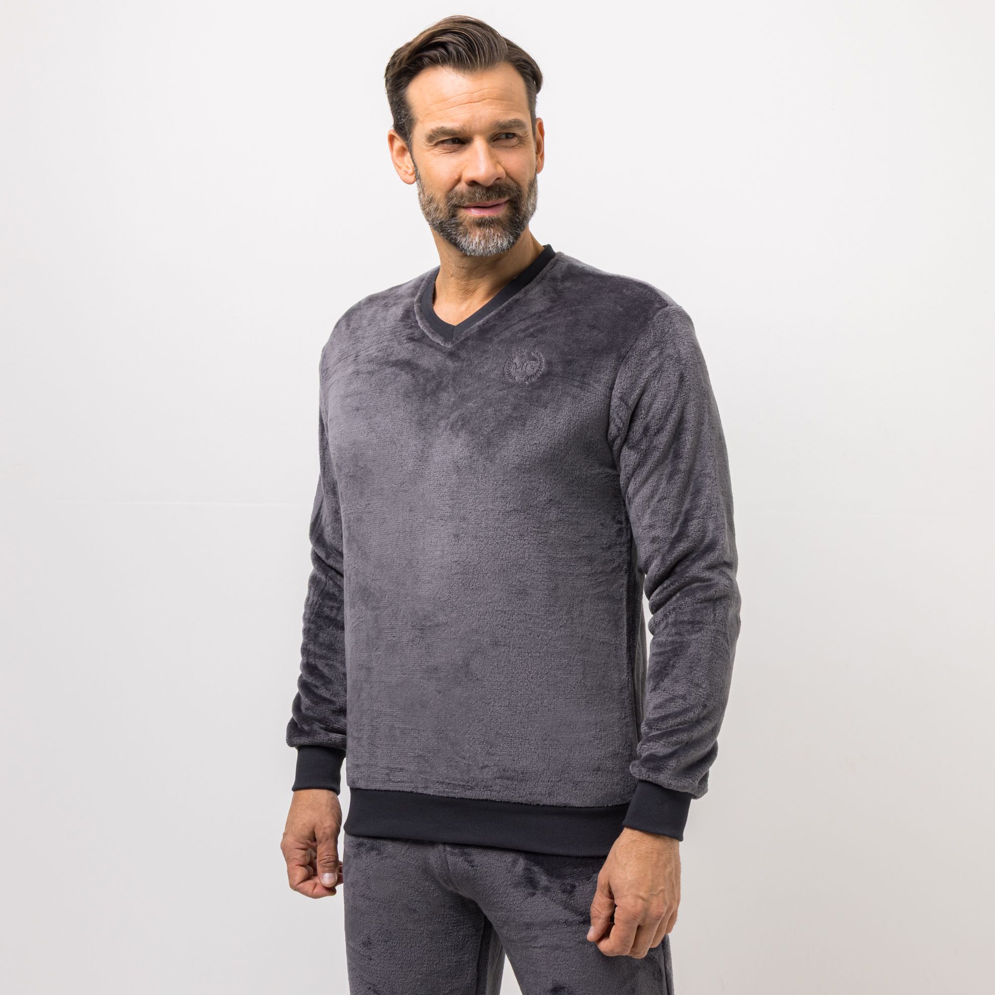 MONT CHALET Herren-Pullover uni Mikrofaser Chinchilla V-Ausschnitt