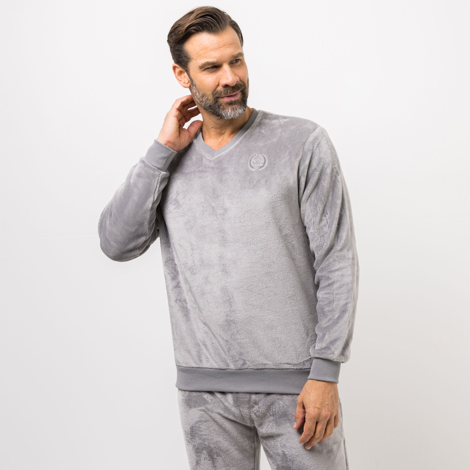 MONT CHALET Herren-Pullover uni Mikrofaser Chinchilla V-Ausschnitt