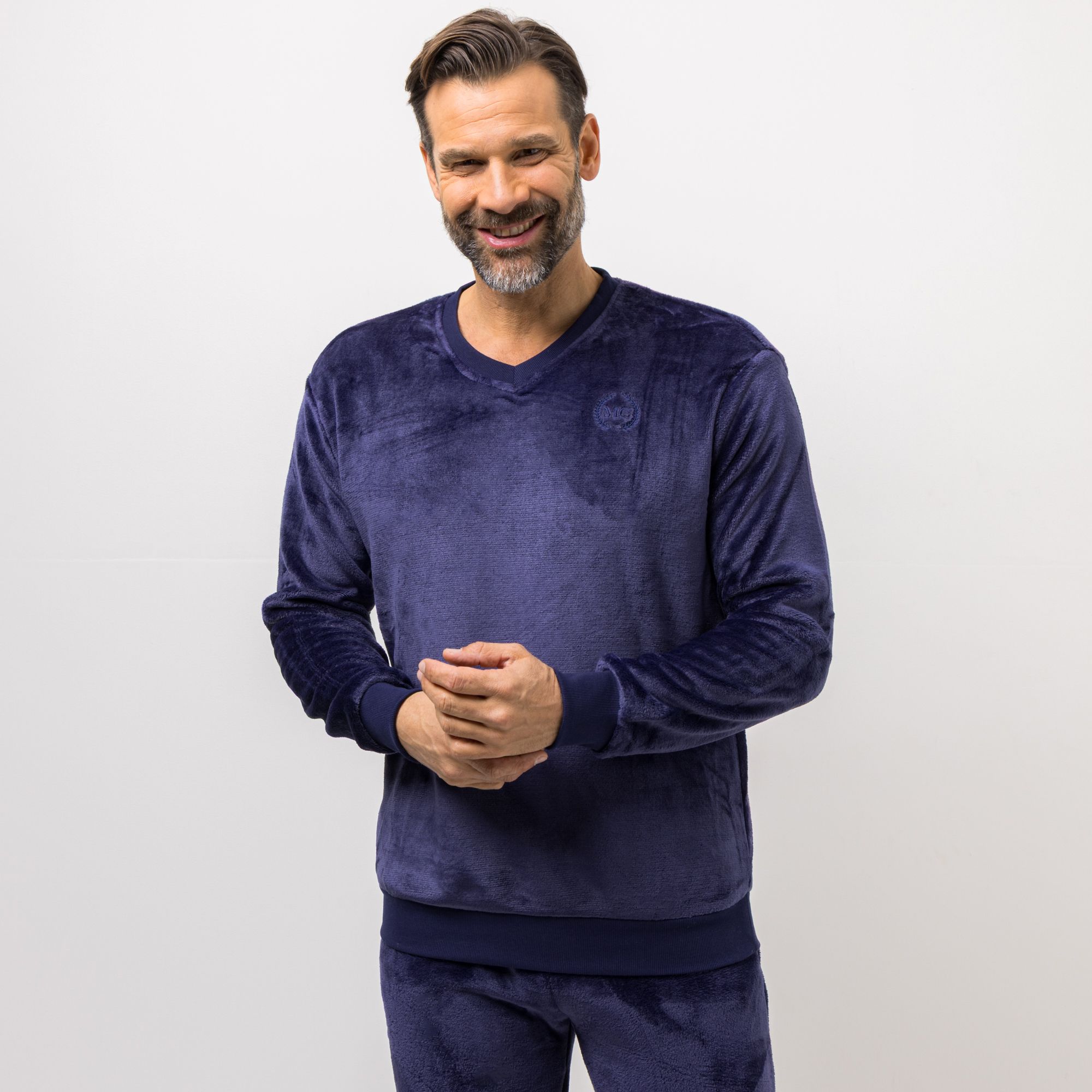 MONT CHALET Herren-Pullover uni Mikrofaser Chinchilla V-Ausschnitt