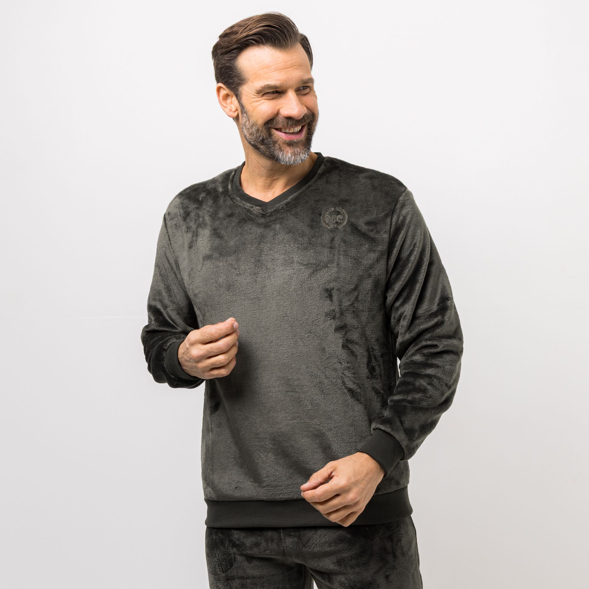 MONT CHALET Herren-Pullover uni Mikrofaser Chinchilla V-Ausschnitt