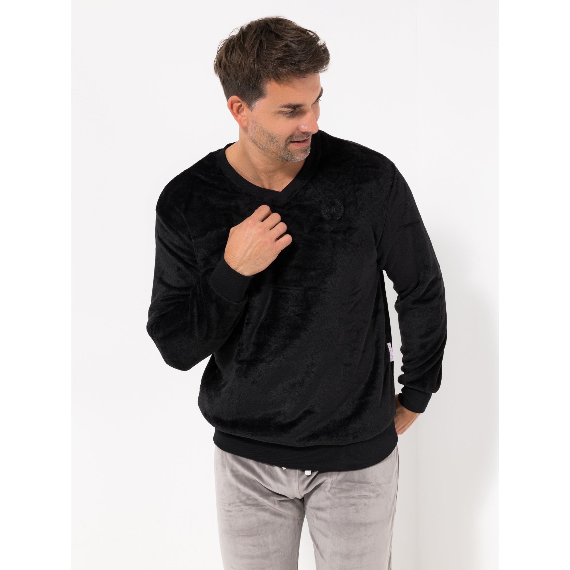 MONT CHALET Herren-Pullover uni Mikrofaser Chinchilla V-Ausschnitt