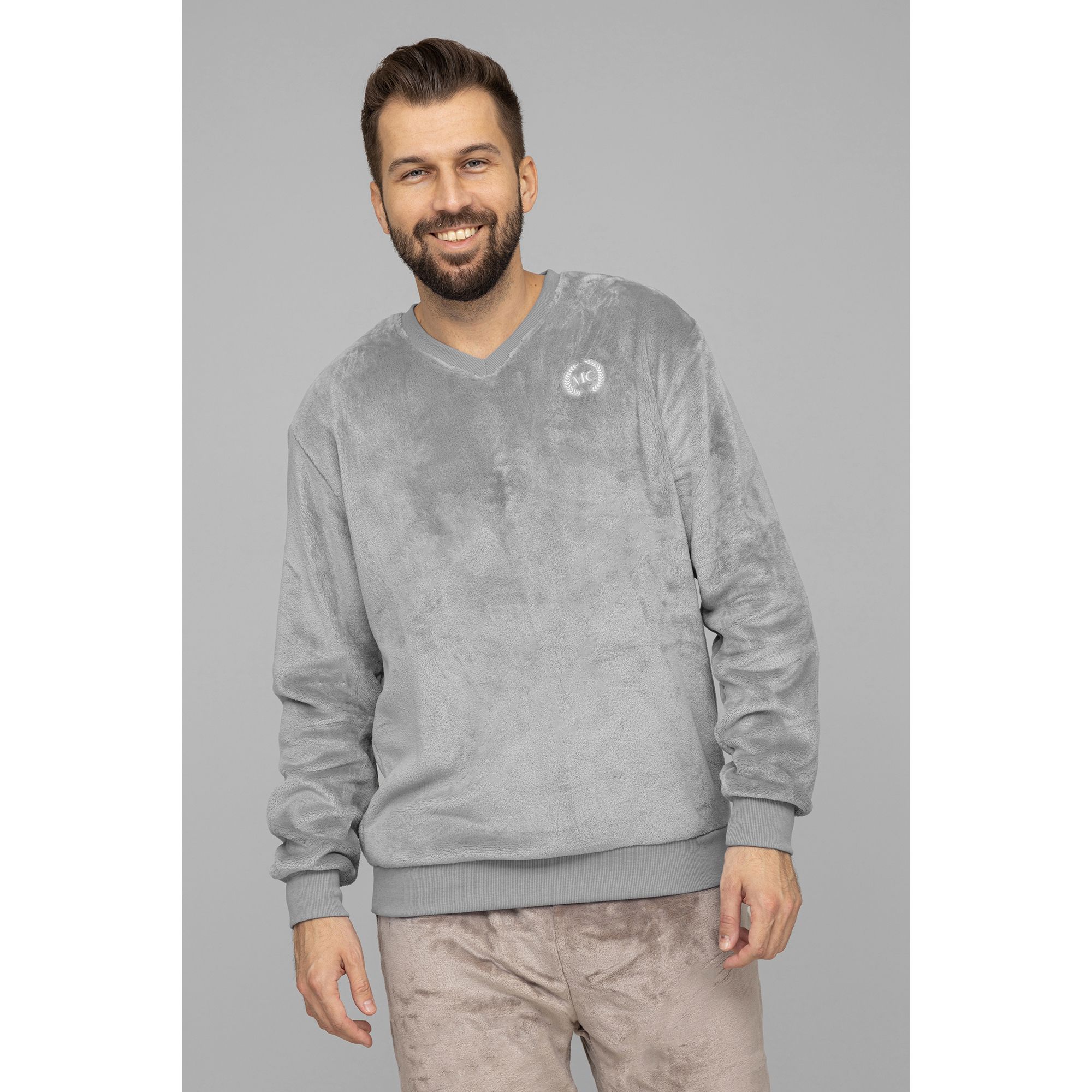MONT CHALET Herren-Pullover uni Mikrofaser Chinchilla V-Ausschnitt