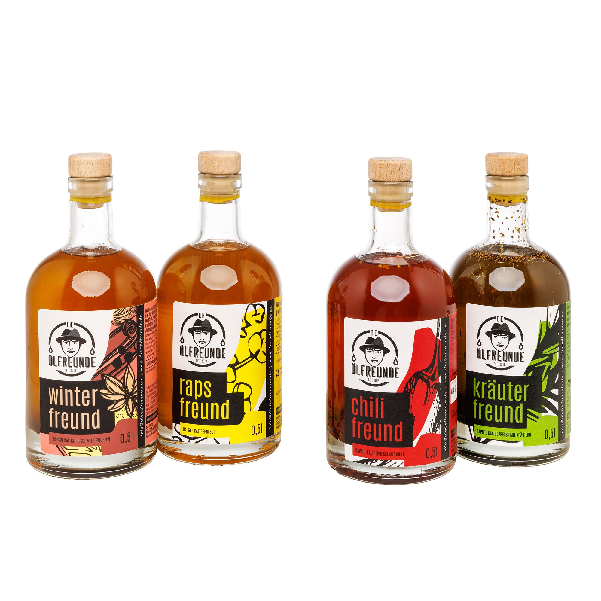 DIE ÖLFREUNDE Winter-Set: Raps Öl Kräuter Öl, Chili Öl und Winterfreund Öl Inhalt 4x 500ml