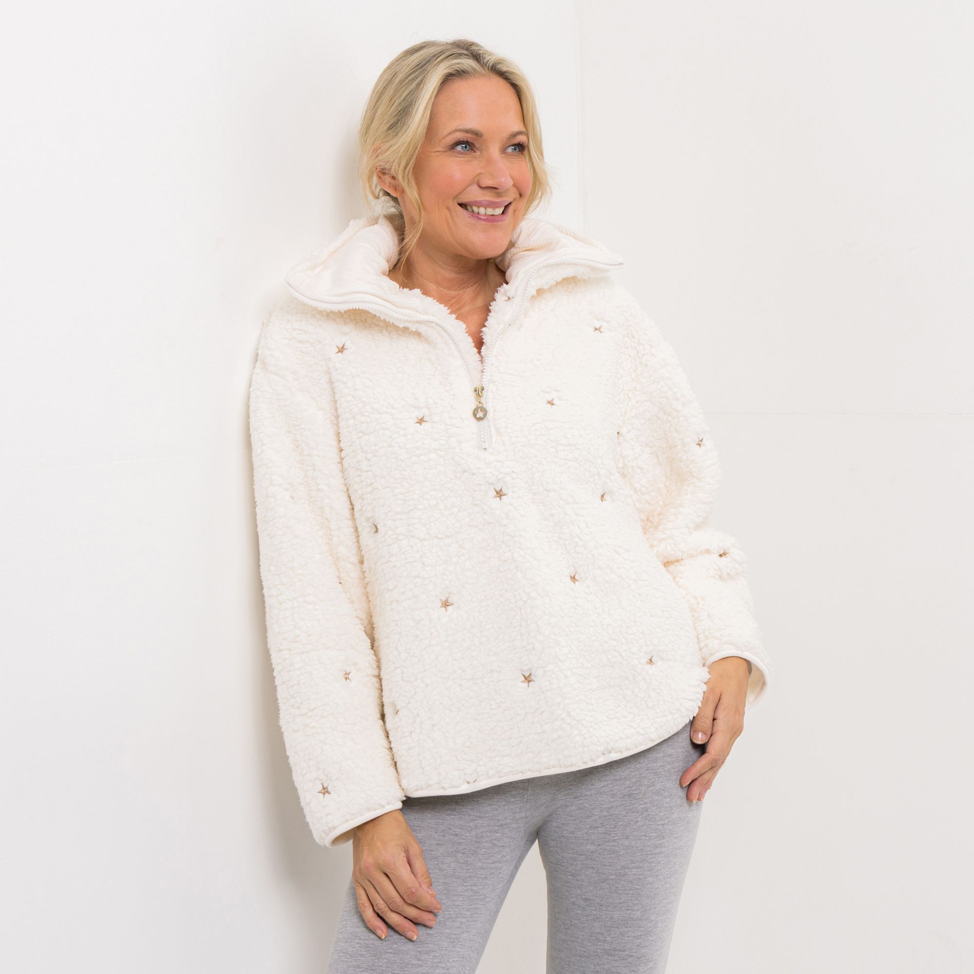 MONT CHALET Damen-Pullover Glitzerstickerei Schäfchenfell Troyer-Ausschnitt