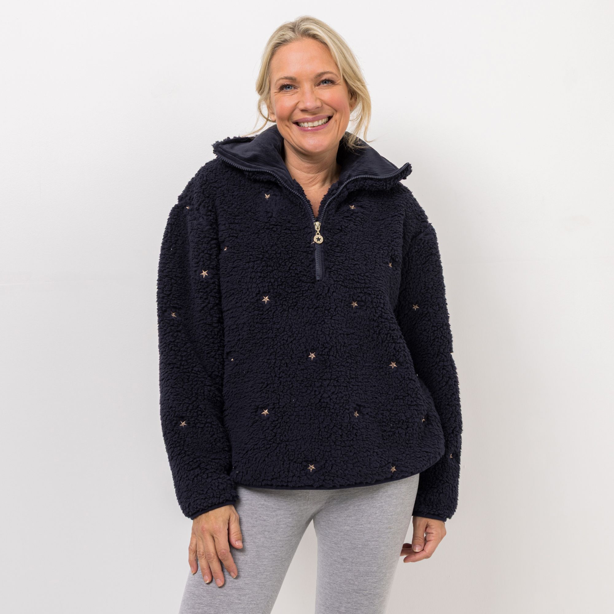 MONT CHALET Damen-Pullover Glitzerstickerei Schäfchenfell Troyer-Ausschnitt