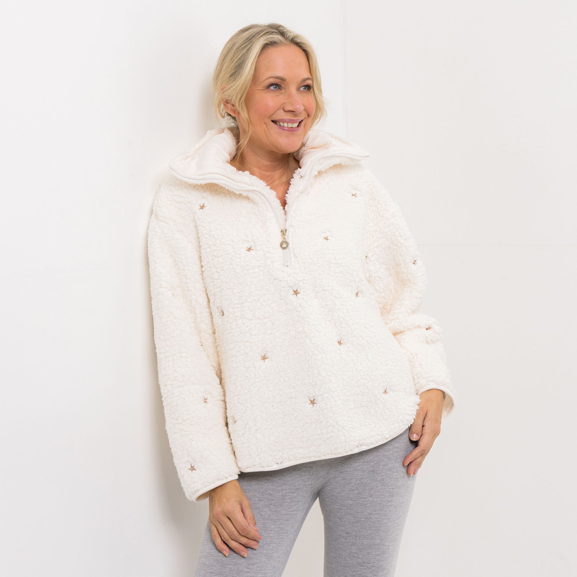 MONT CHALET Damen-Pullover Glitzerstickerei Schäfchenfell Troyer-Ausschnitt