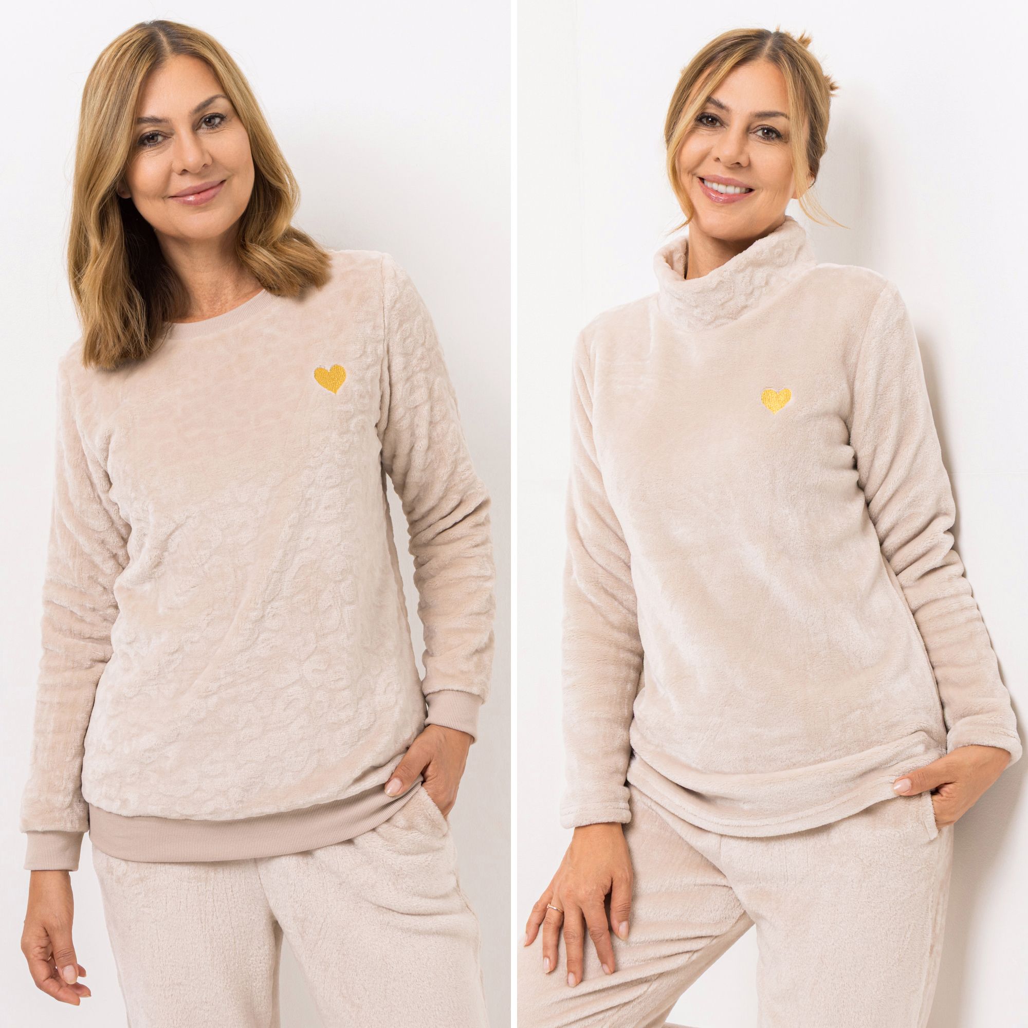 MONT CHALET 2 uni Damen-Pullover Herz-Stickerei Mikrofaser Chinchilla Rundhals & Stehkragen