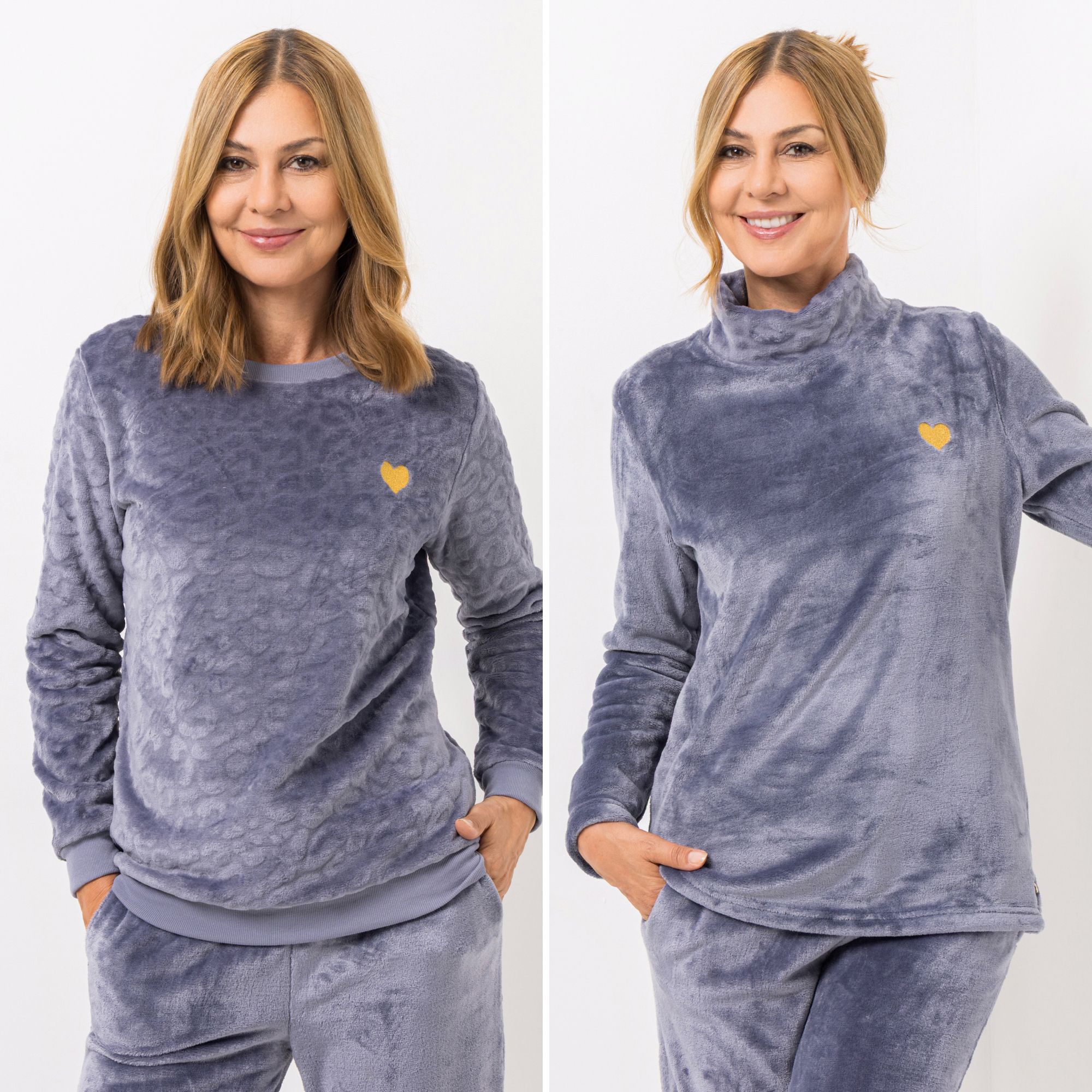 MONT CHALET 2 uni Damen-Pullover Herz-Stickerei Mikrofaser Chinchilla Rundhals & Stehkragen