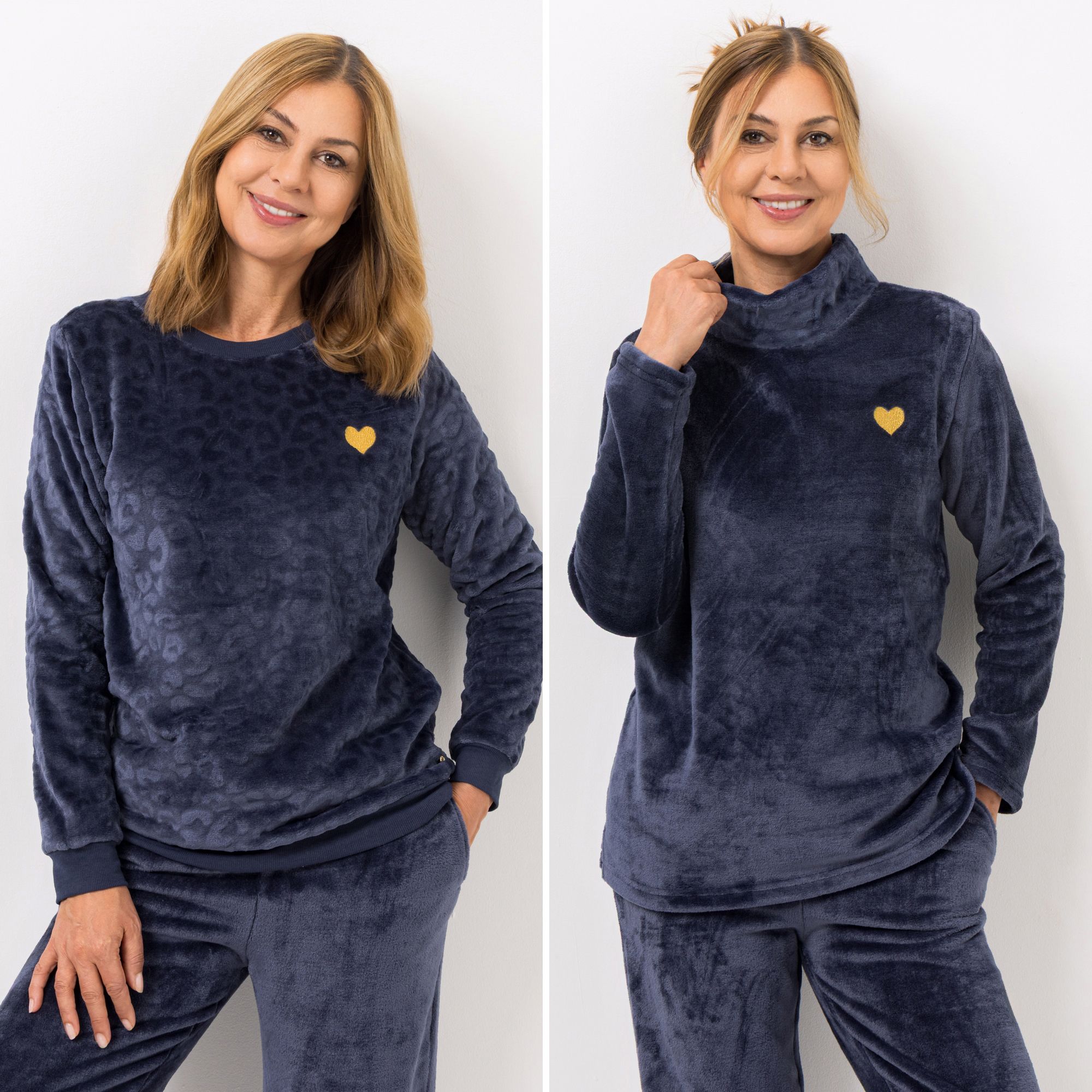 MONT CHALET 2 uni Damen-Pullover Herz-Stickerei Mikrofaser Chinchilla Rundhals & Stehkragen