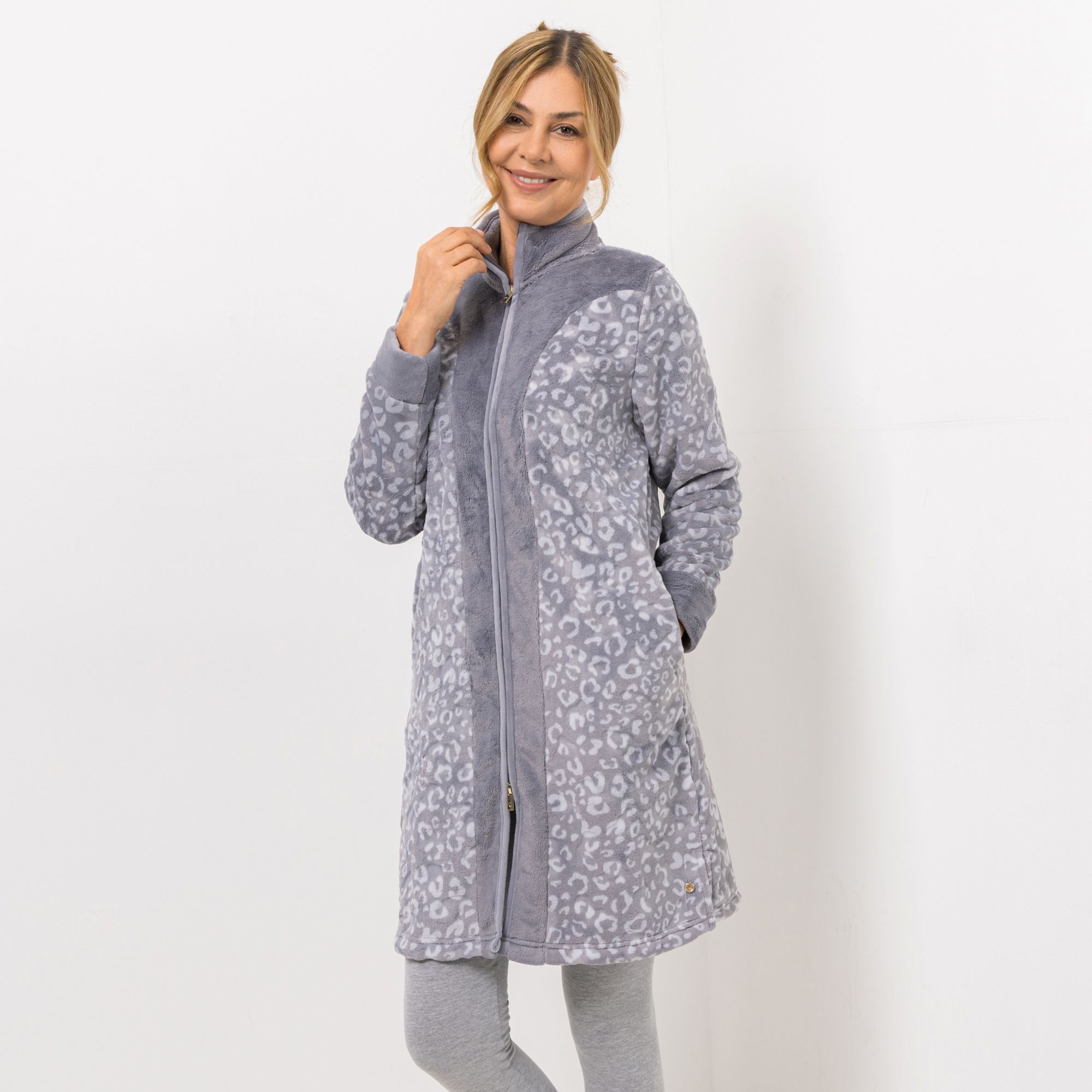 MONT CHALET Damen-Hauskleid Leo-Design Premium Chinchilla Stehkragen & Taschen