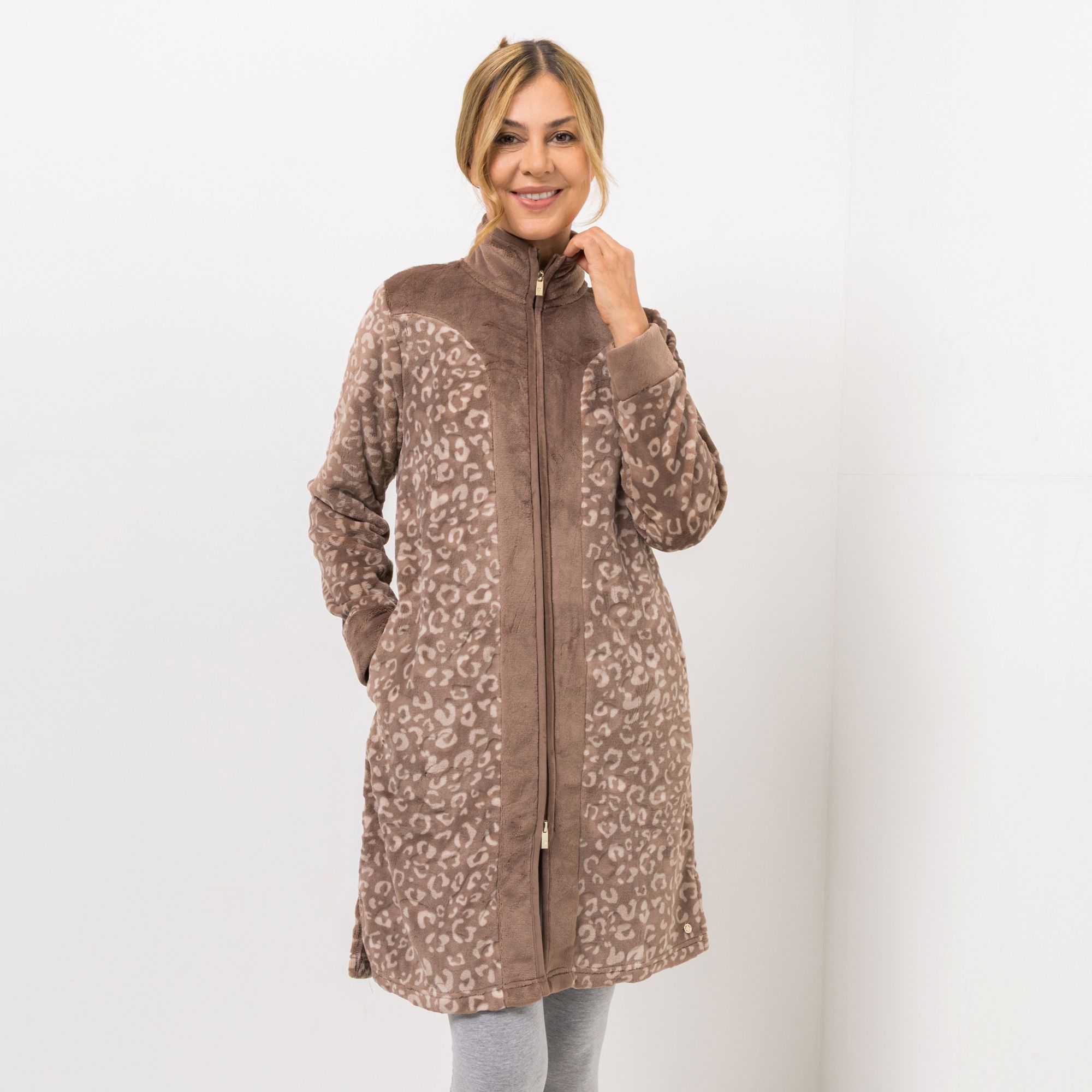 MONT CHALET Damen-Hauskleid Leo-Design Premium Chinchilla Stehkragen & Taschen