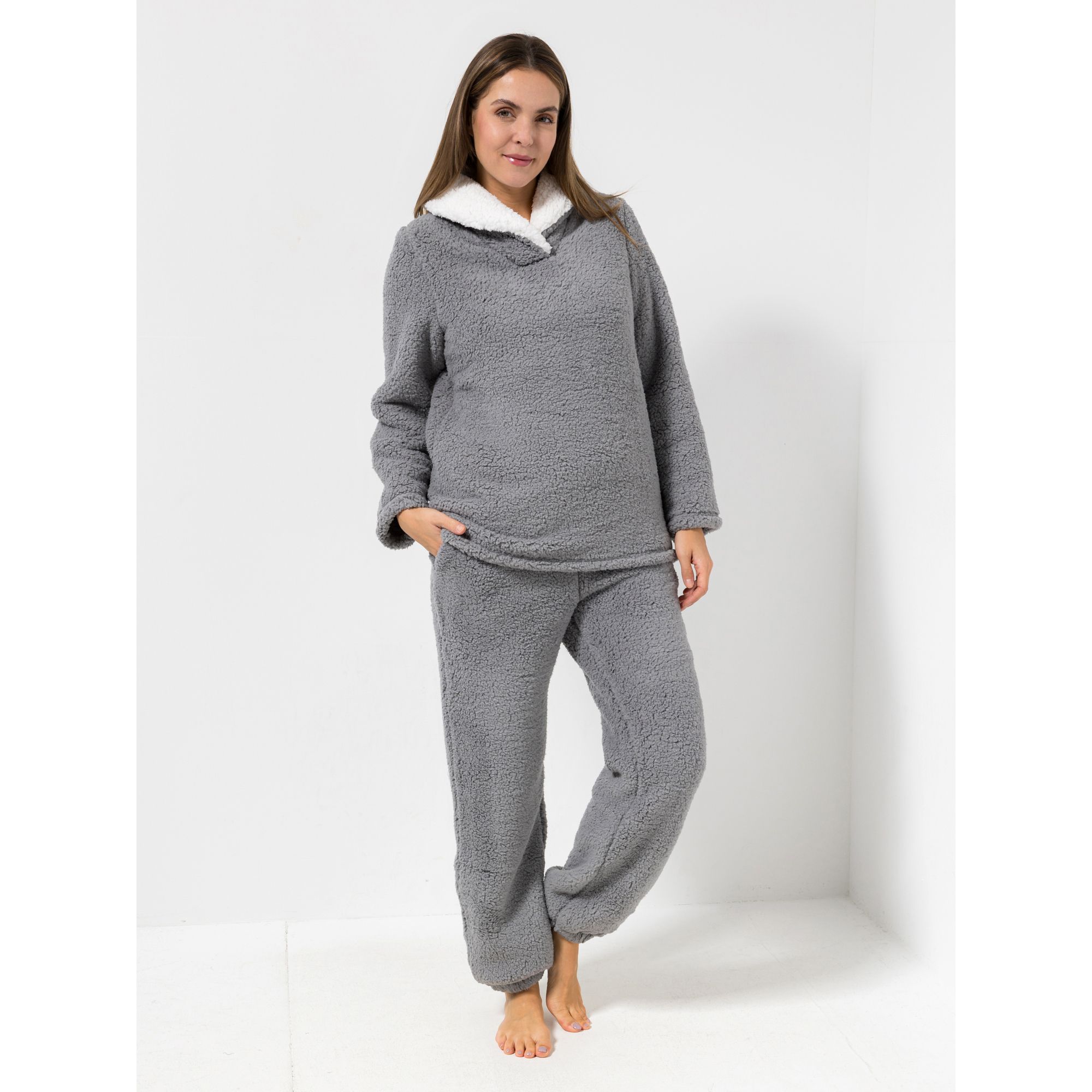 MONT CHALET Damen-Hausanzug uni Schäfchenfellimitat Schalkragen