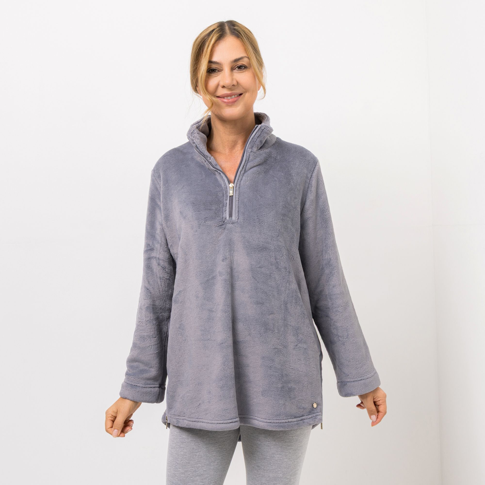 MONT CHALET Damen-Pullover Zipper-Details Premium Chinchilla Troyer-Ausschnitt