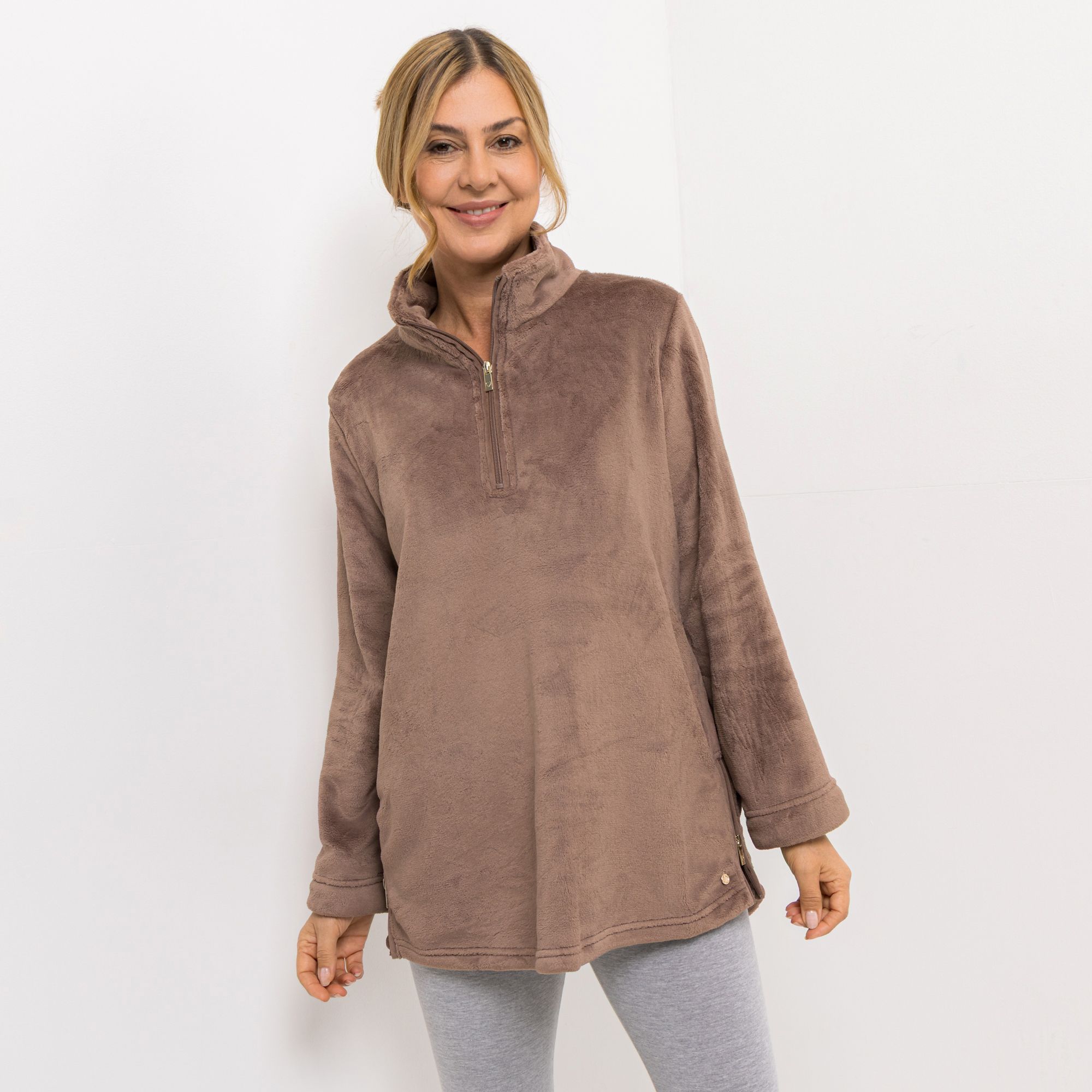 MONT CHALET Damen-Pullover Zipper-Details Premium Chinchilla Troyer-Ausschnitt