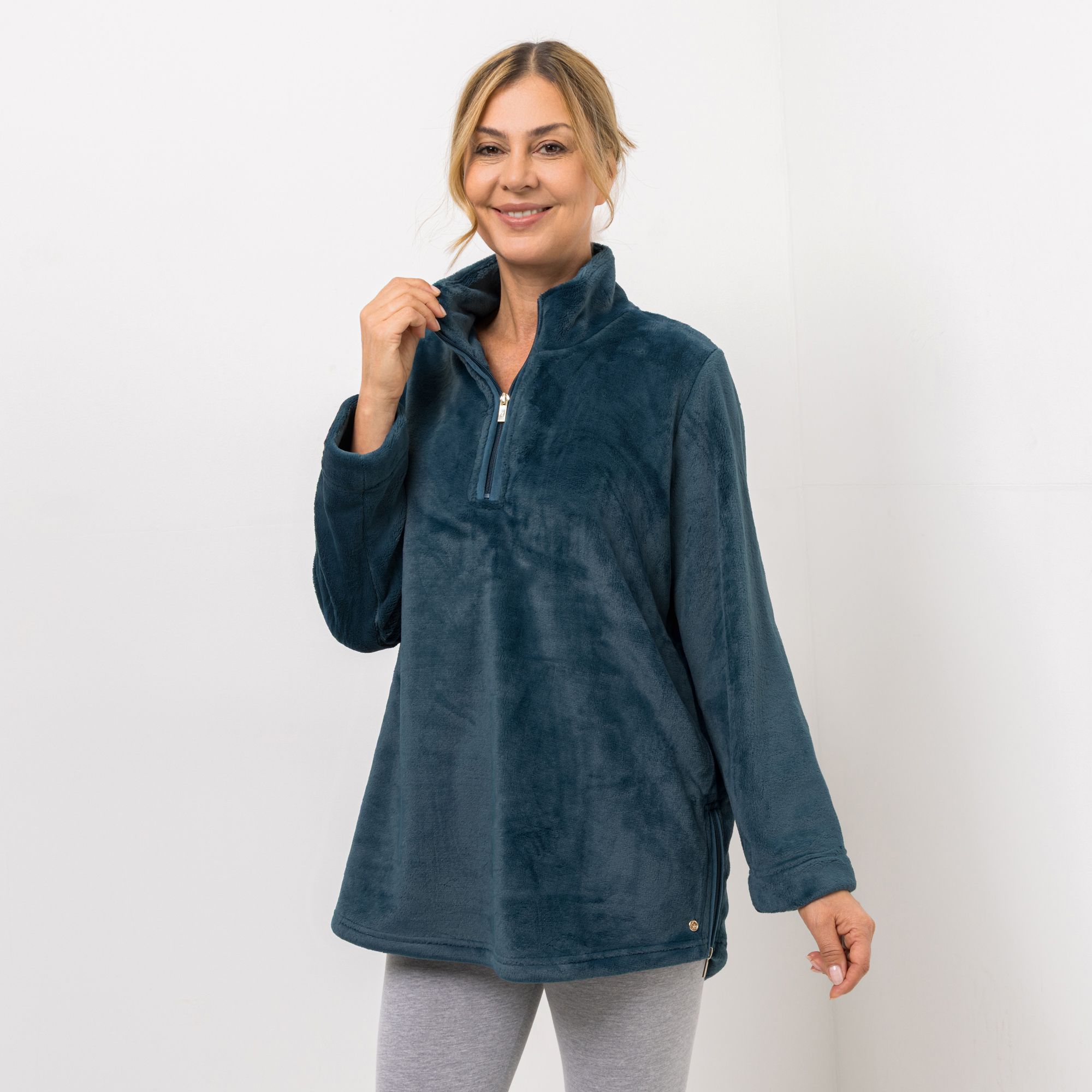 MONT CHALET Damen-Pullover Zipper-Details Premium Chinchilla Troyer-Ausschnitt