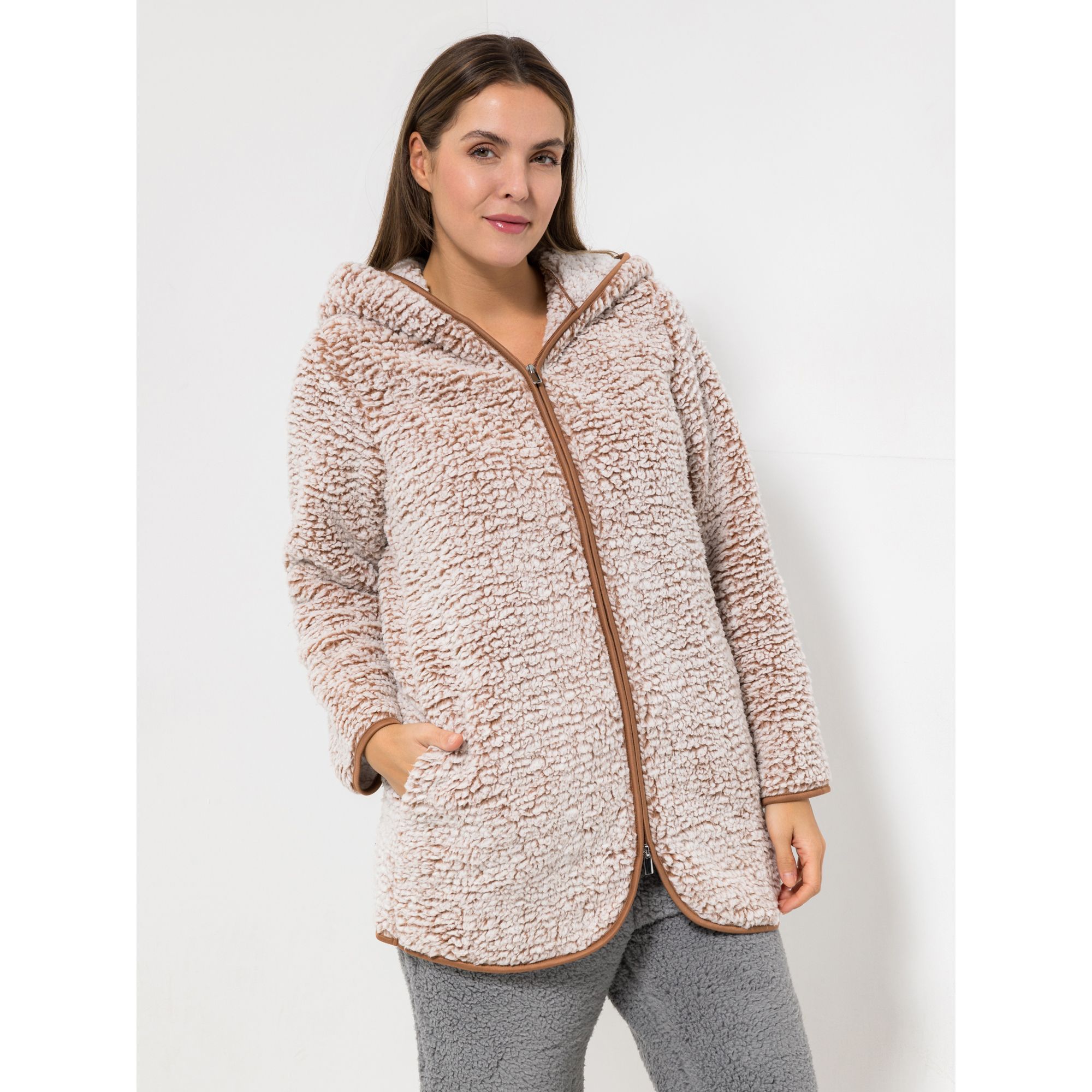 MONT CHALET Damen-Kuscheljacke uni Schäfchenfellimitat Kapuze