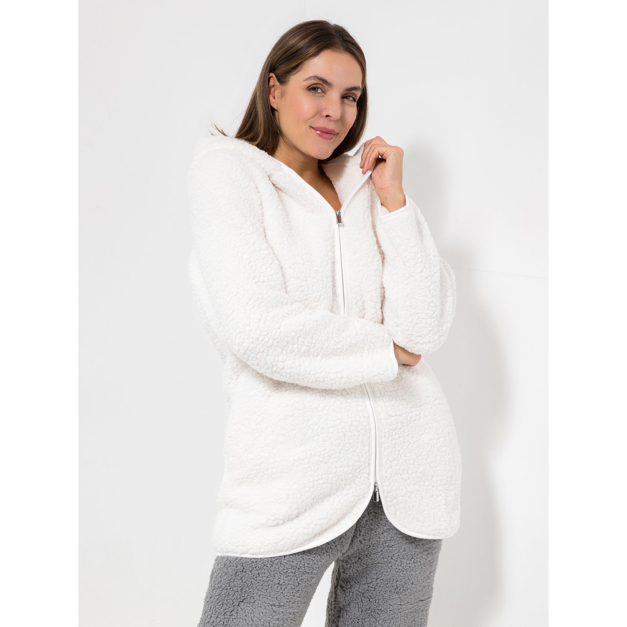 MONT CHALET Damen-Kuscheljacke uni Schäfchenfellimitat Kapuze