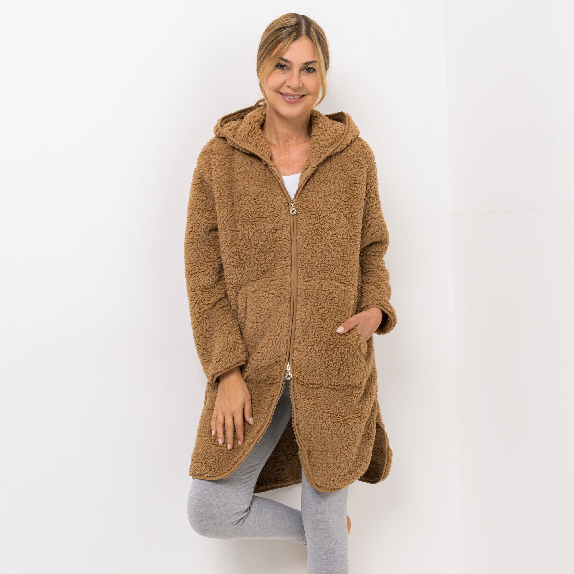 MONT CHALET Damen Oversize-Jacke aufgesetzte Taschen Schäfchenfell Kapuze