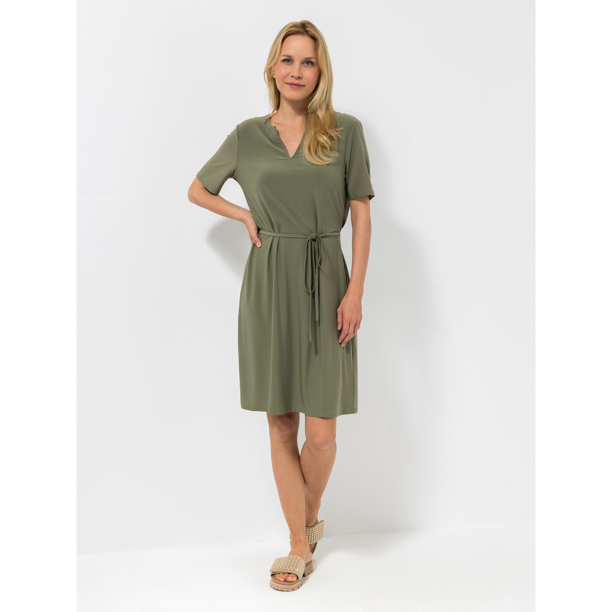 B-Ware DENIM & CO. Kleid, 1/2-Arm V-Ausschnitt Bindeband