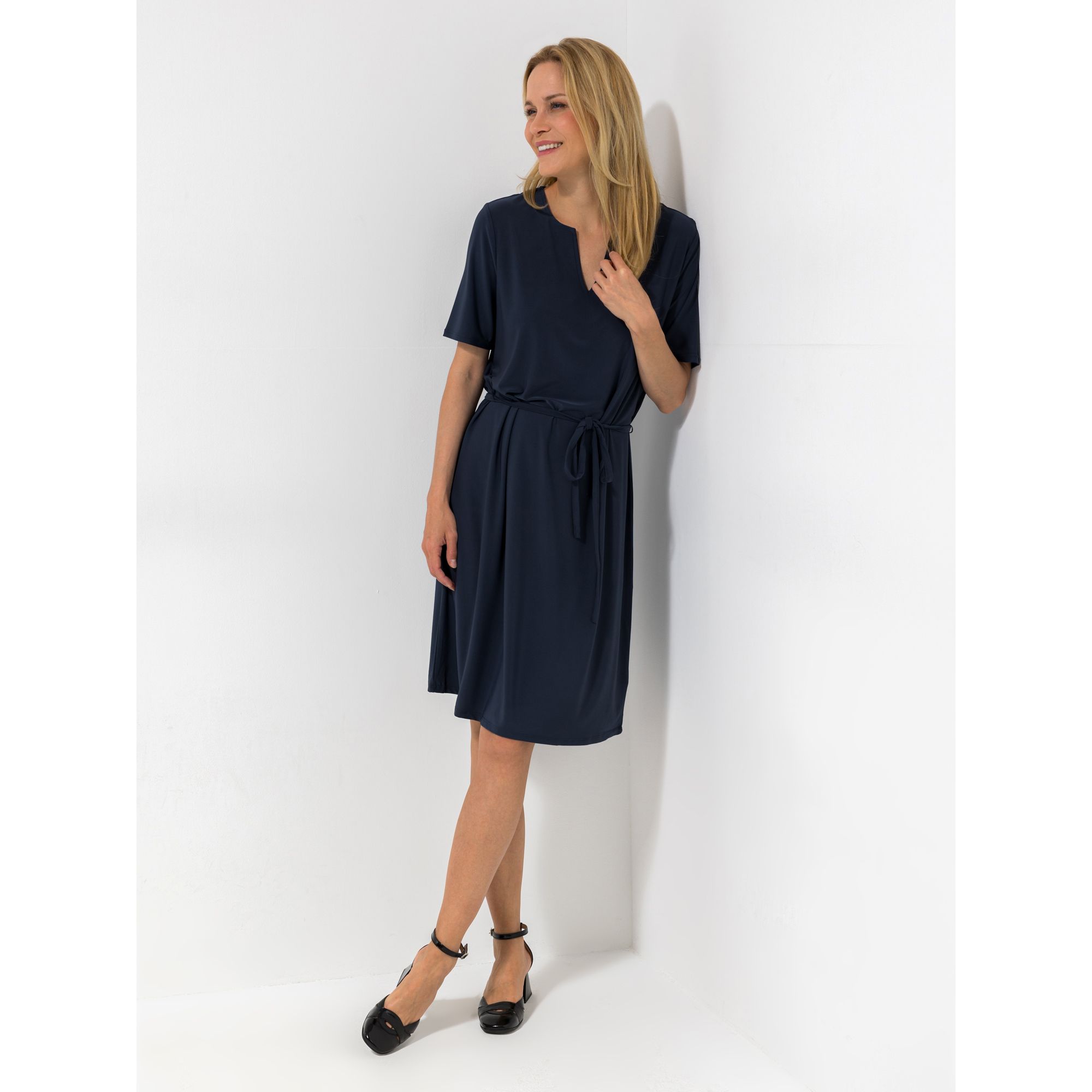 B-Ware DENIM & CO. Kleid, 1/2-Arm V-Ausschnitt Bindeband