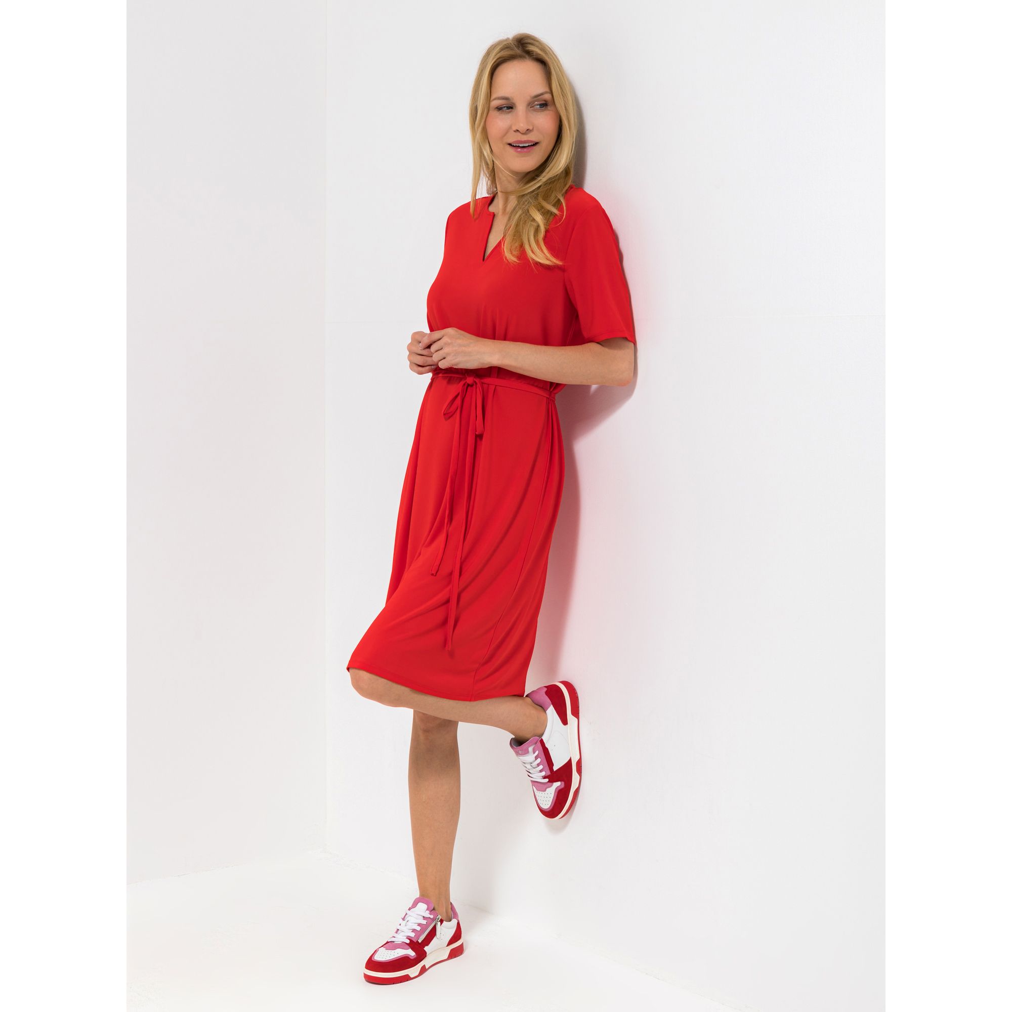 B-Ware DENIM & CO. Kleid, 1/2-Arm V-Ausschnitt Bindeband