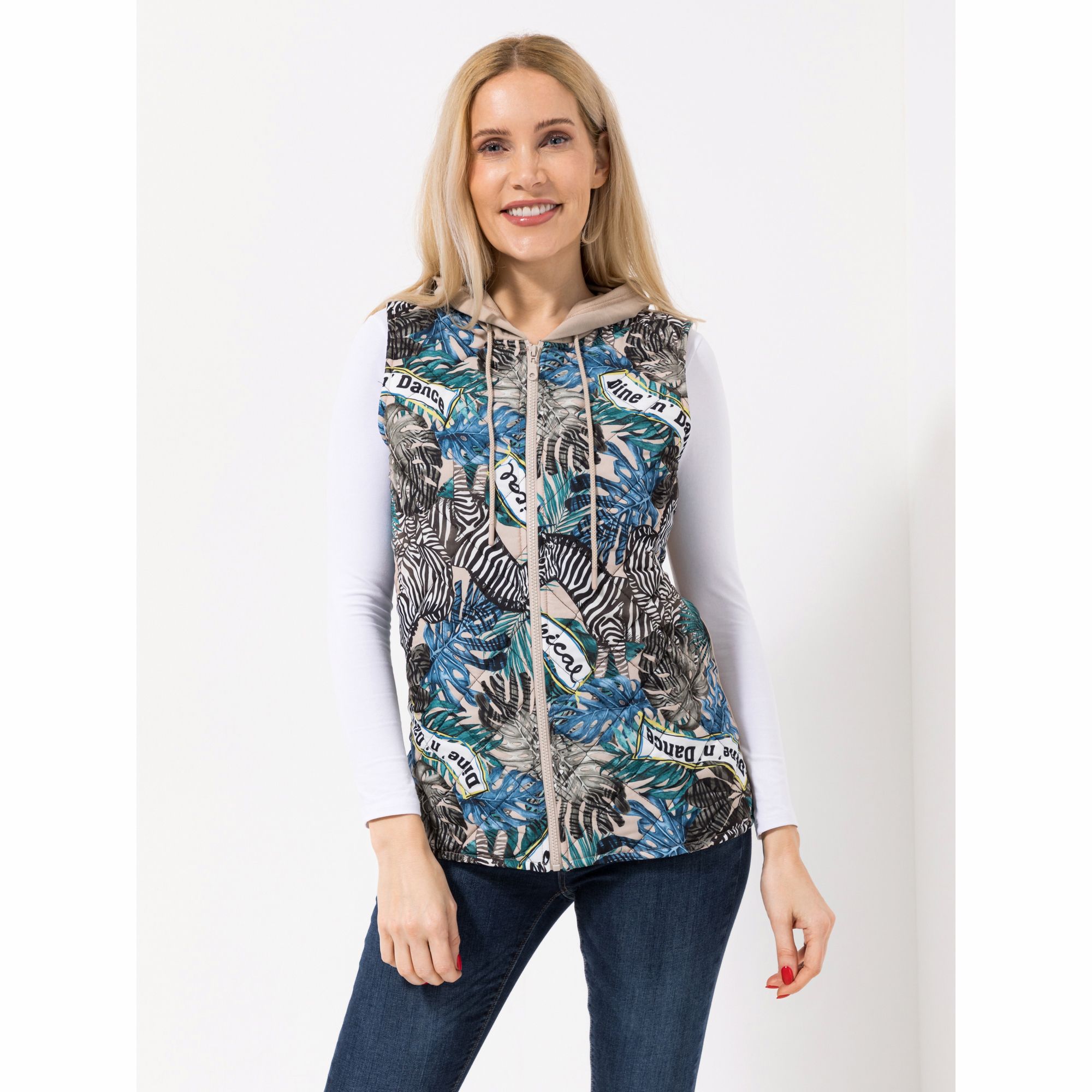 B-Ware DINE 'N' DANCE Weste mit Kapuze bedruckte Front Materialmix