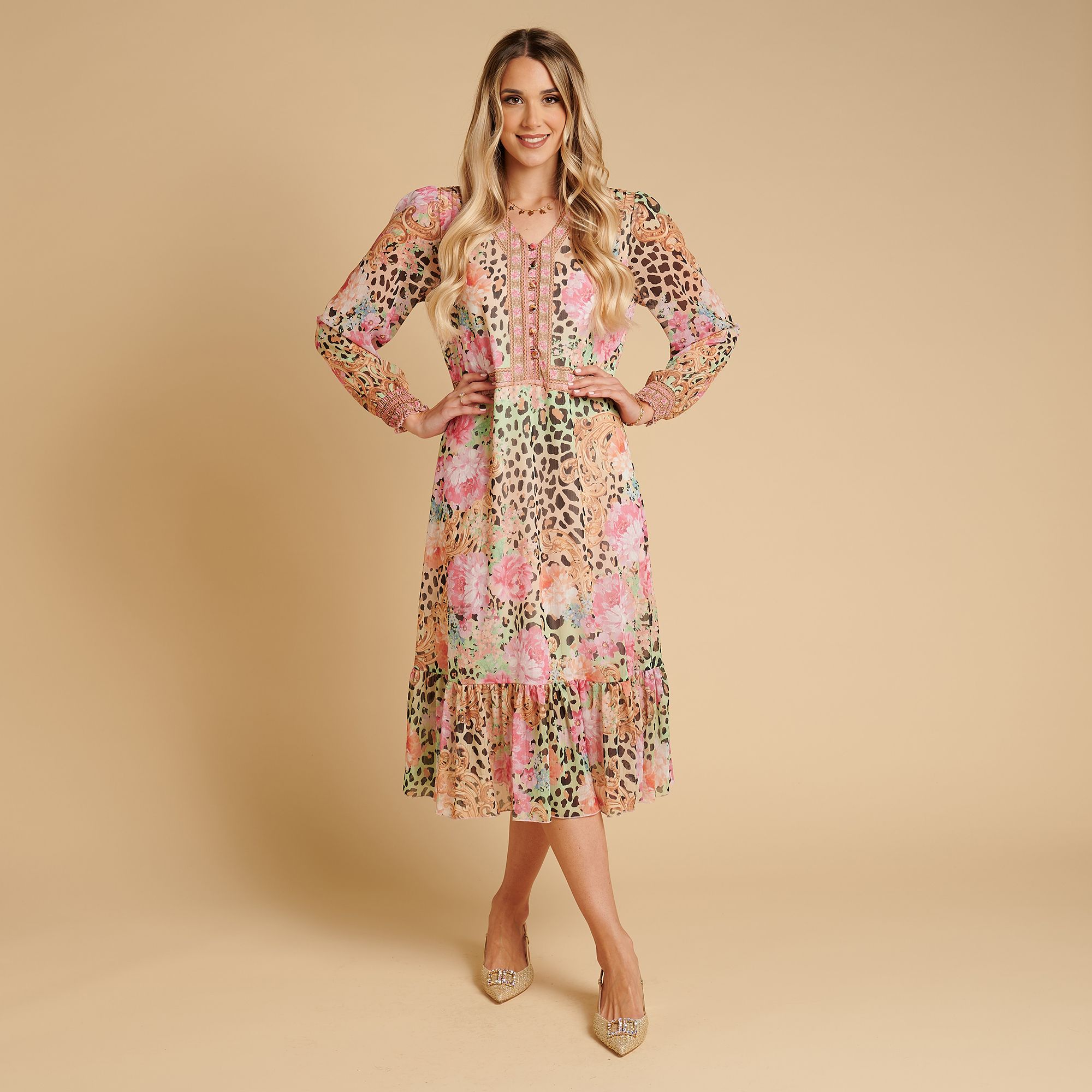 B-Ware SCHIFFHAUER MUNICH® Kleid, V-Ausschnitt gesmokter Ärmelsaum Strasssteinbesatz