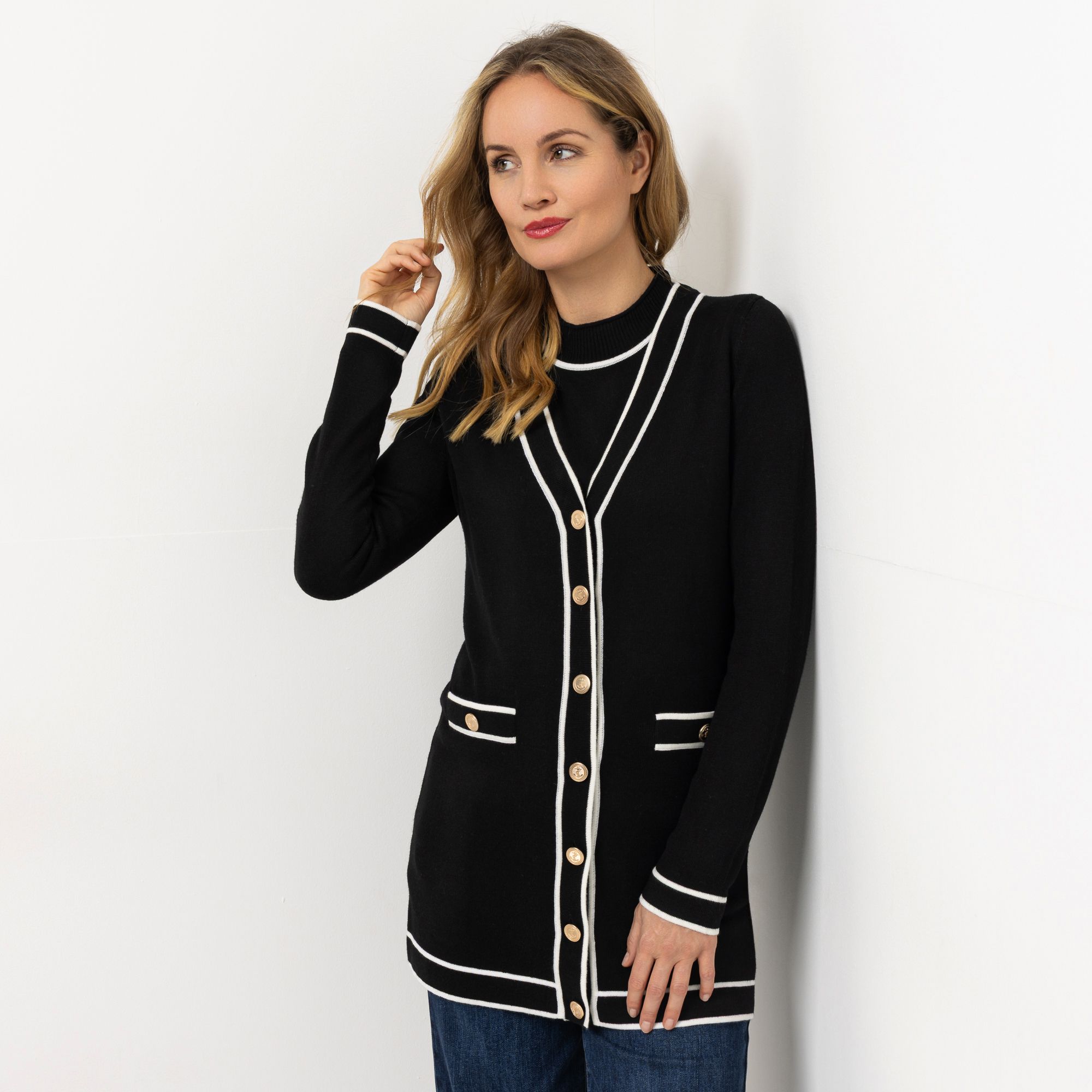 B-Ware STRANDFEIN Longcardigan Schmuckknöpfe Kontrastdetails