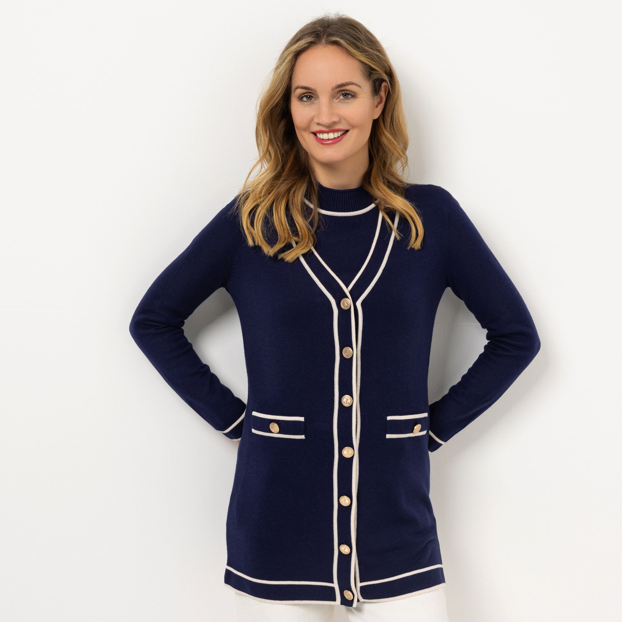 B-Ware STRANDFEIN Longcardigan Schmuckknöpfe Kontrastdetails