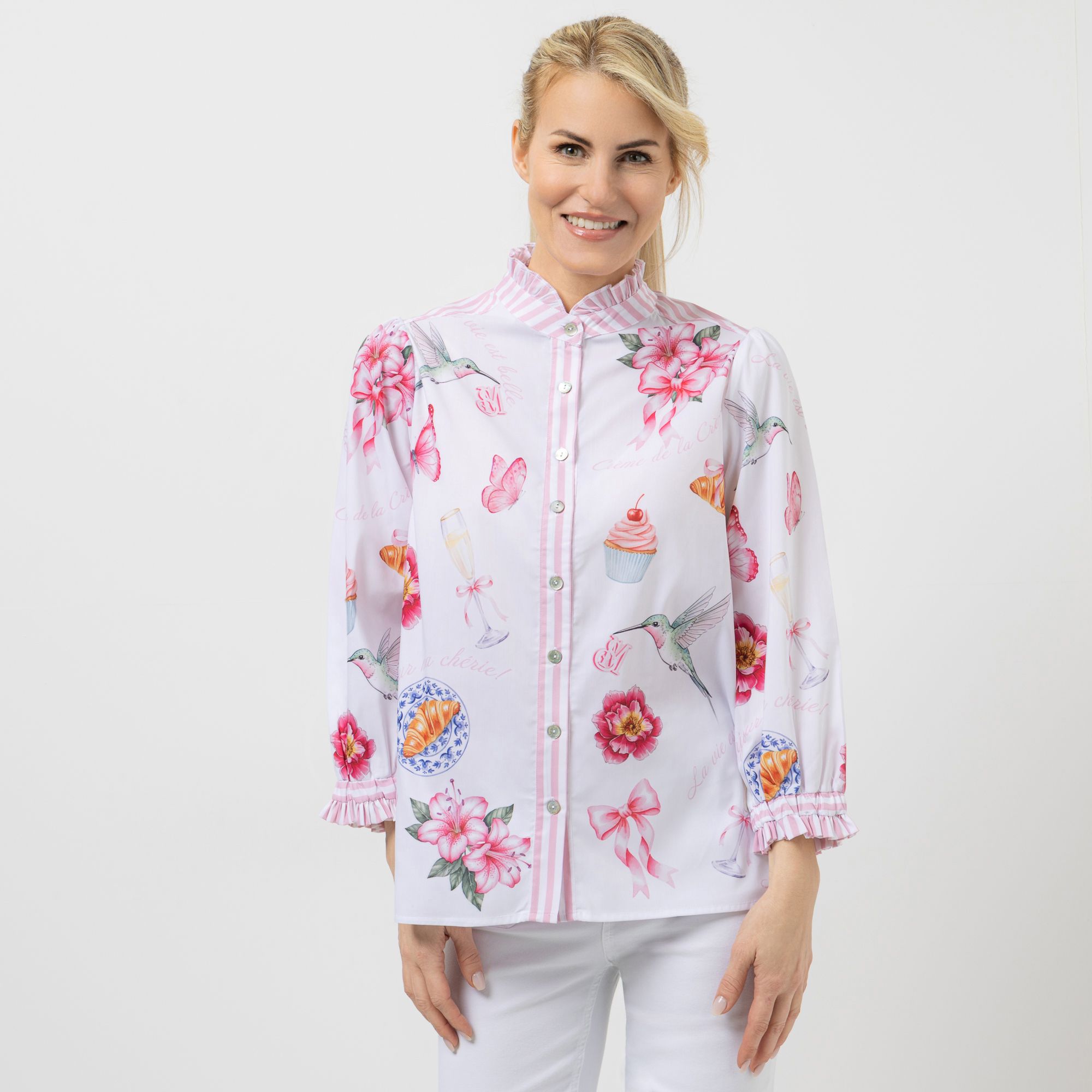 B-Ware SCHIFFHAUER MUNICH® Bluse 3/4-Arm Rüschenkragen Puffärmel