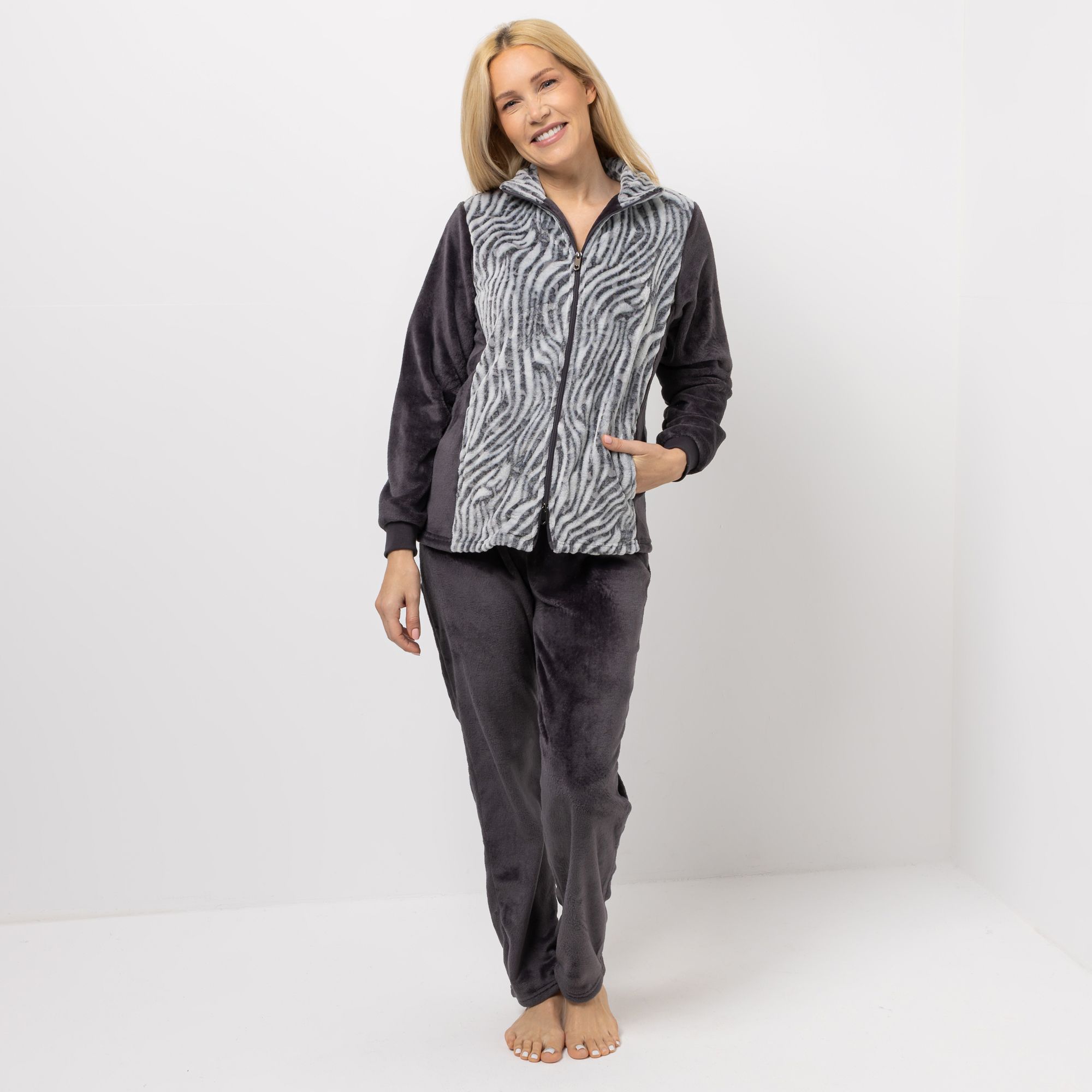 B-Ware MONT CHALET Damen-Hausanzug 3D-Animaldesign Mikrofaser Chinchilla