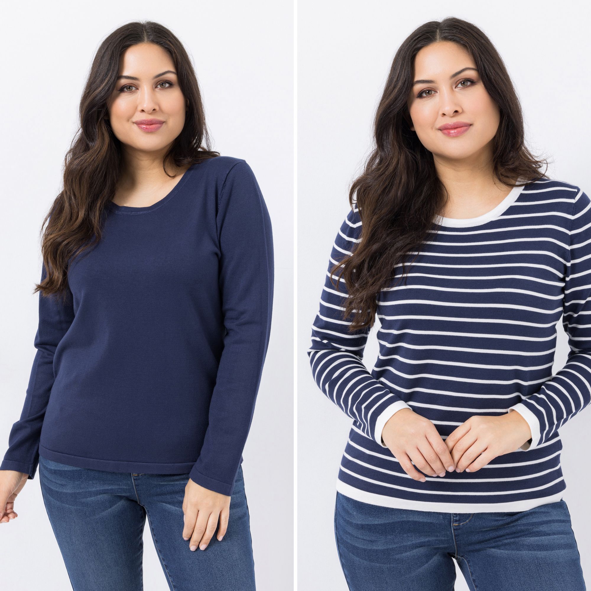 B-Ware DENIM & CO. Doppelpack Pullover Rundhalsausschnitt uni & gestreift