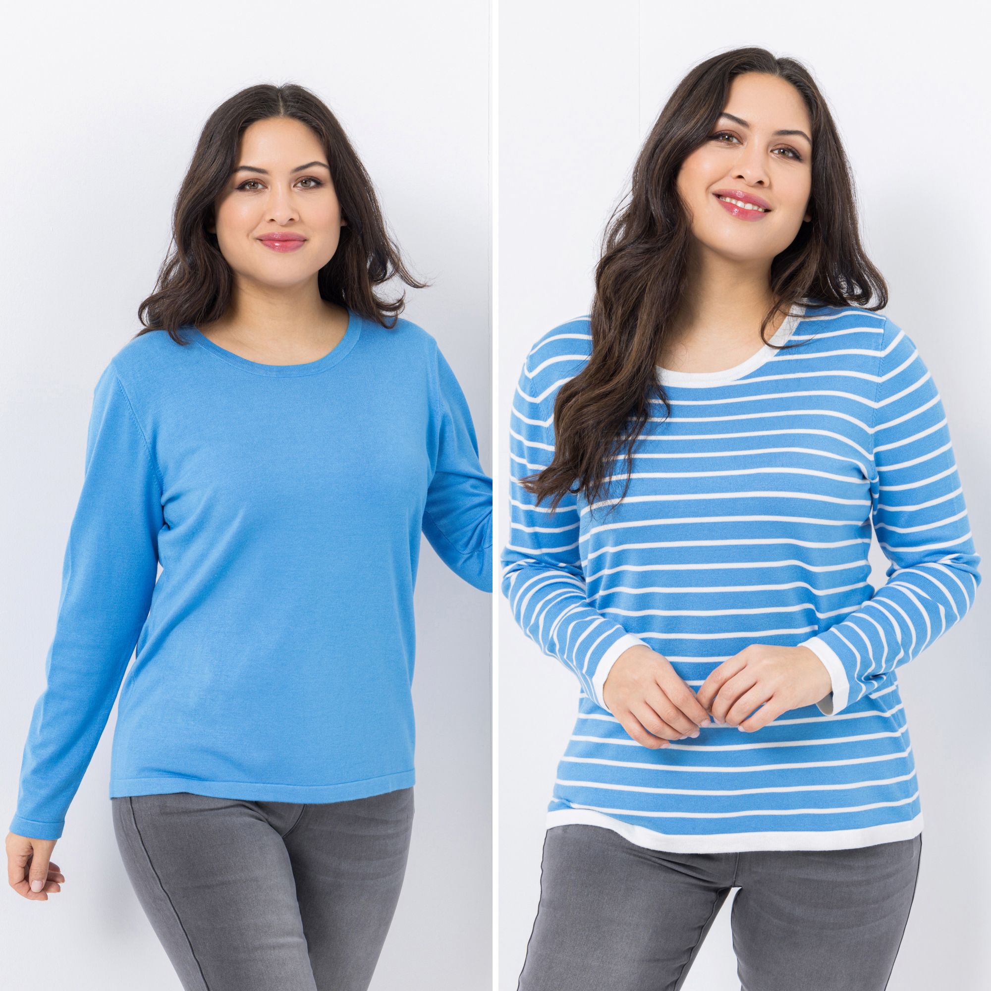 B-Ware DENIM & CO. Doppelpack Pullover Rundhalsausschnitt uni & gestreift