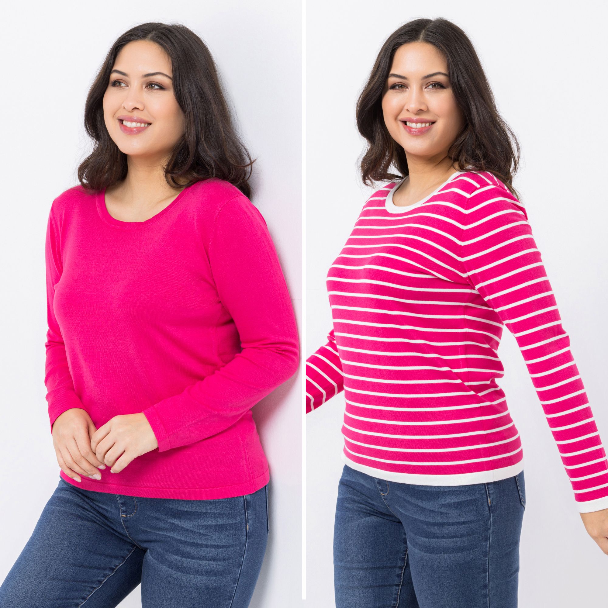 B-Ware DENIM & CO. Doppelpack Pullover Rundhalsausschnitt uni & gestreift