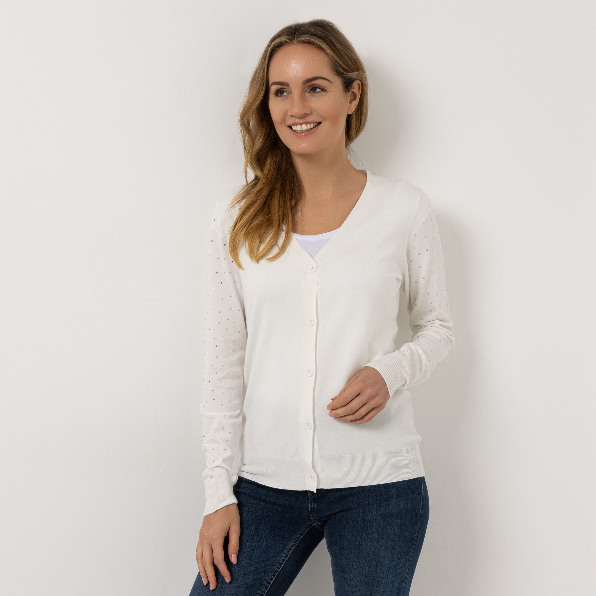 B-Ware VIA MILANO Strickjacke, 1/1-Arm V-Ausschnitt Strass-Details